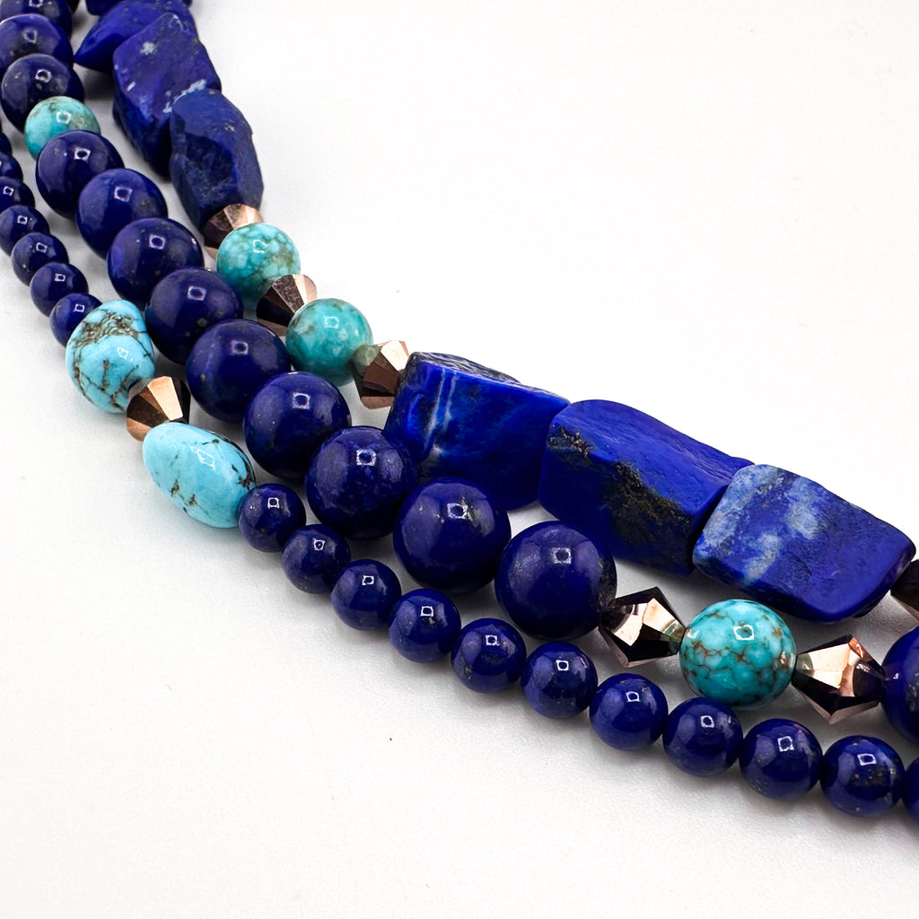 Lapis, Turquoise (Arizona / Sleeping Beauty), Swarovski Crystal, and 22K Gold Triple-Strand Necklace
