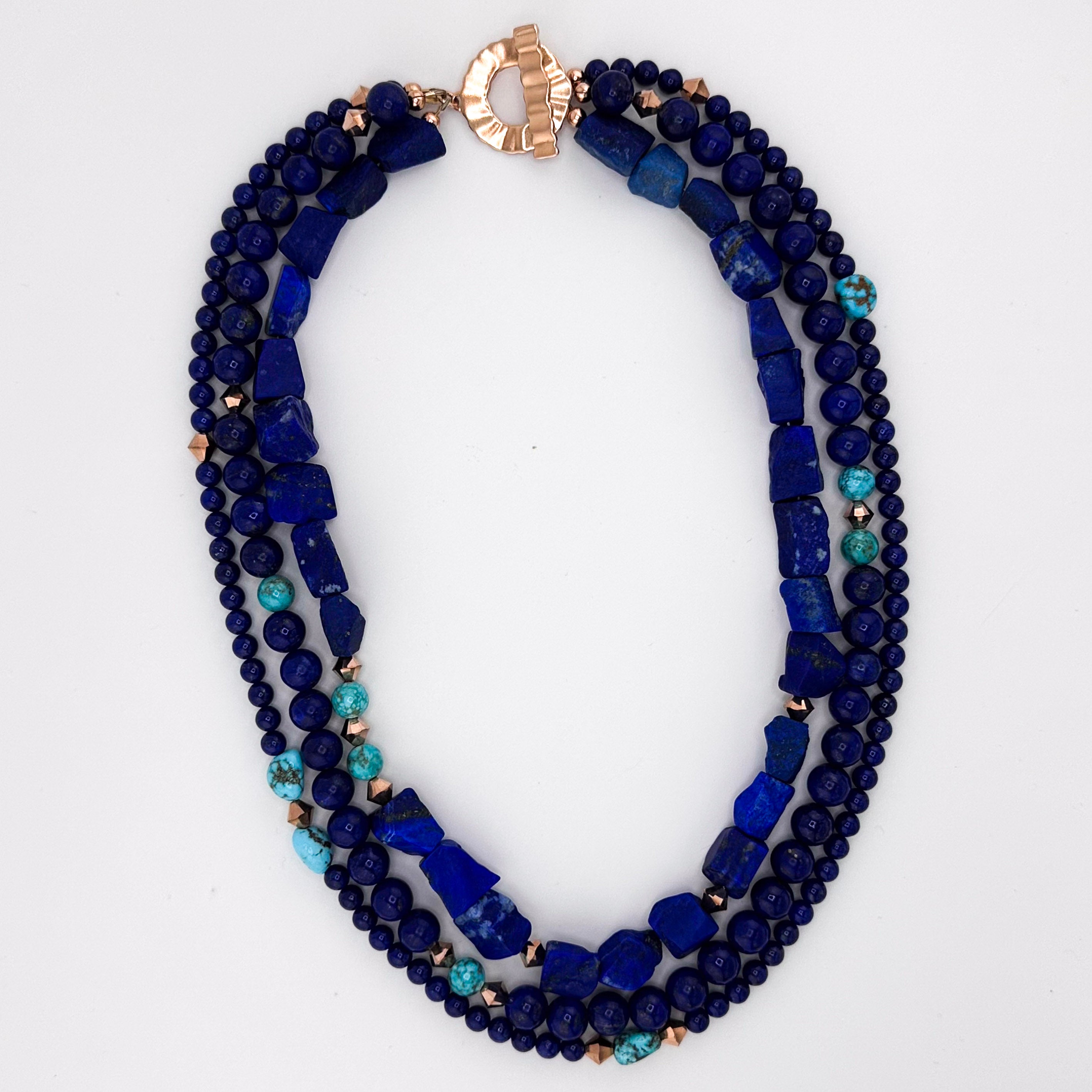 Lapis, Turquoise (Arizona / Sleeping Beauty), Swarovski Crystal, and 22K Gold Triple-Strand Necklace