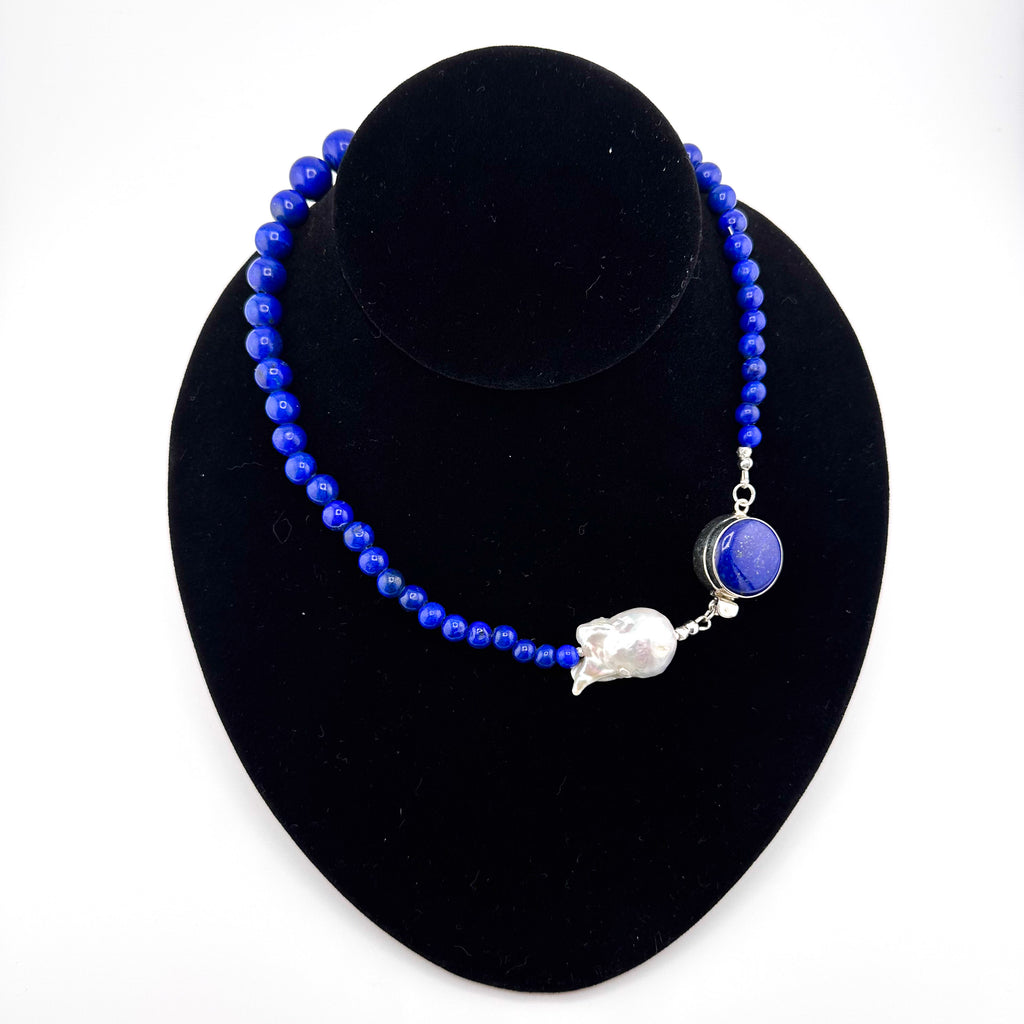 Lapis (AAA), Baroque Pearl, and Sterling Silver 16.5" Necklace