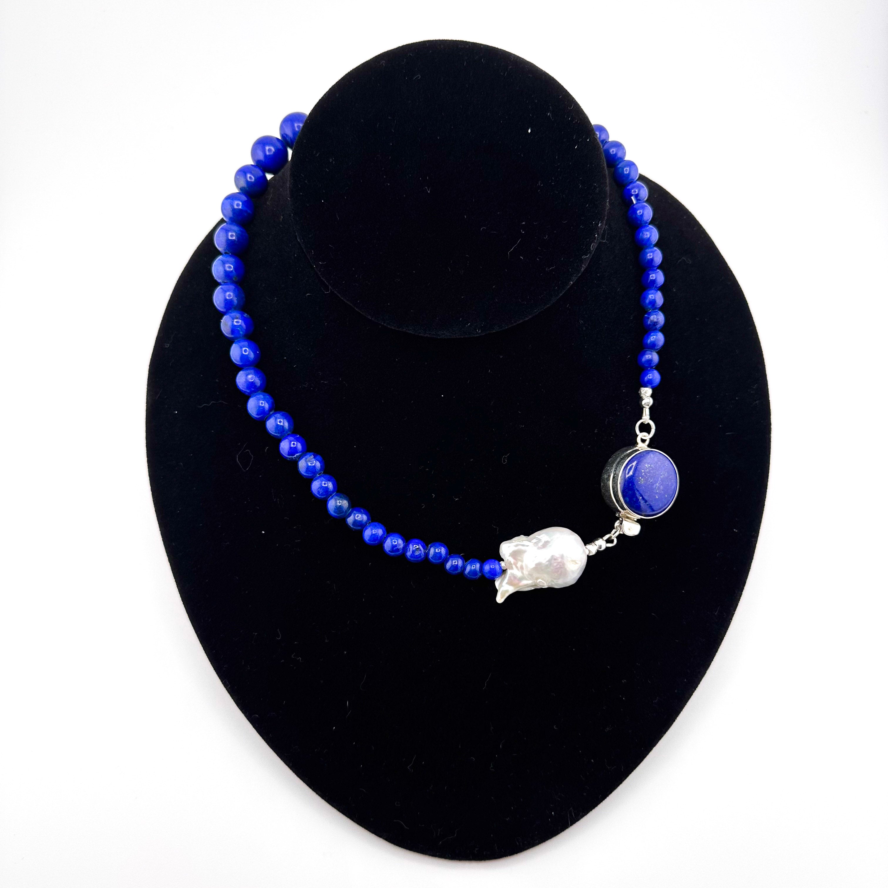 Lapis (AAA), Baroque Pearl, and Sterling Silver 16.5" Necklace