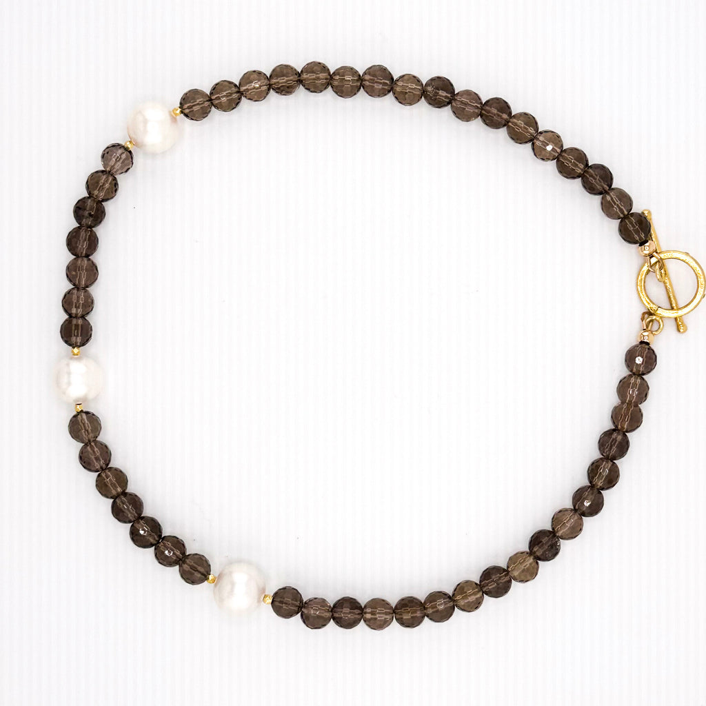 Smokey Quartz, Pearl (Japan), and 22K Gold Vermeil Necklace