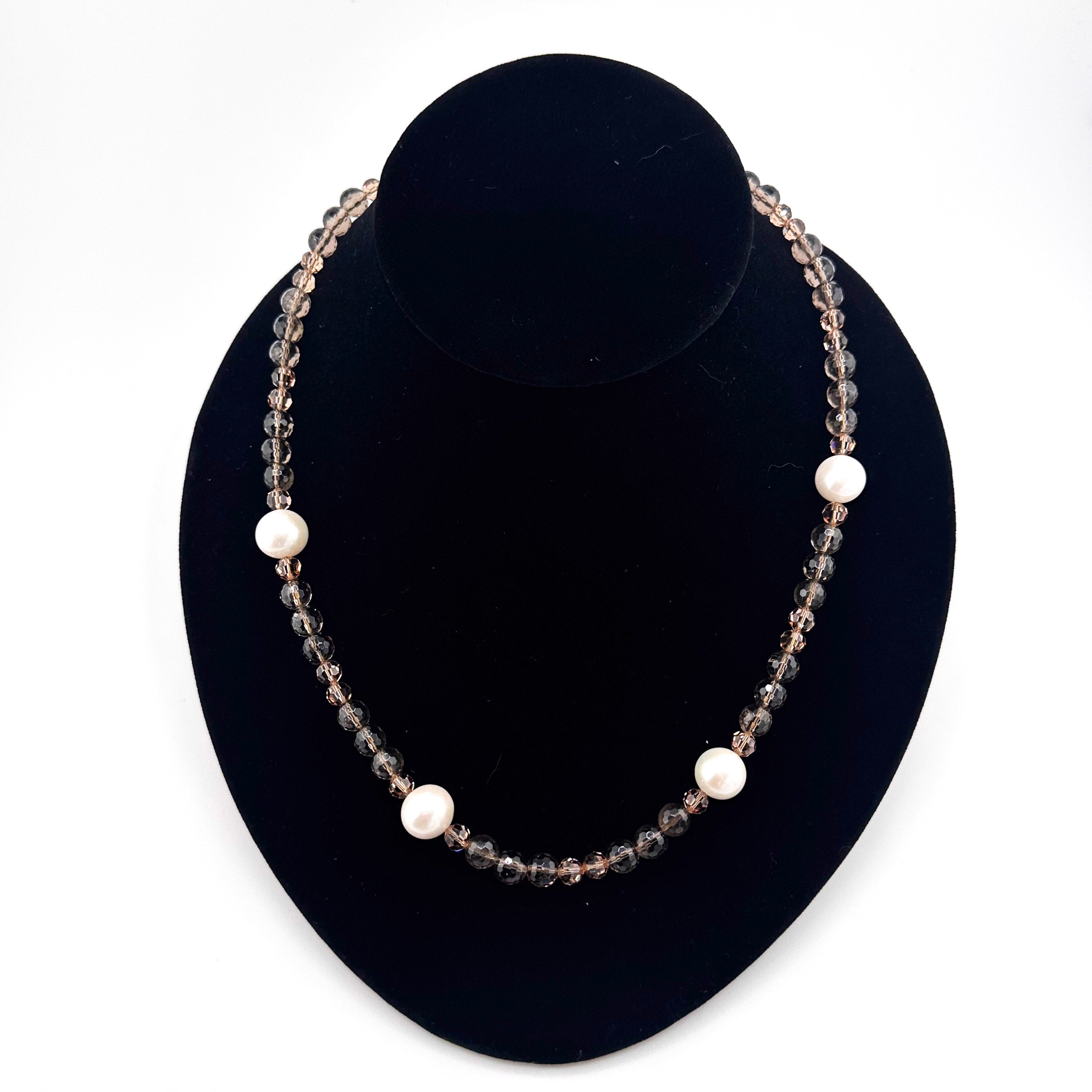 Pearl (Japan), Smokey Quartz, Swarovski Crystal, and Antique (1020s) 14K Gold Clasp Necklace