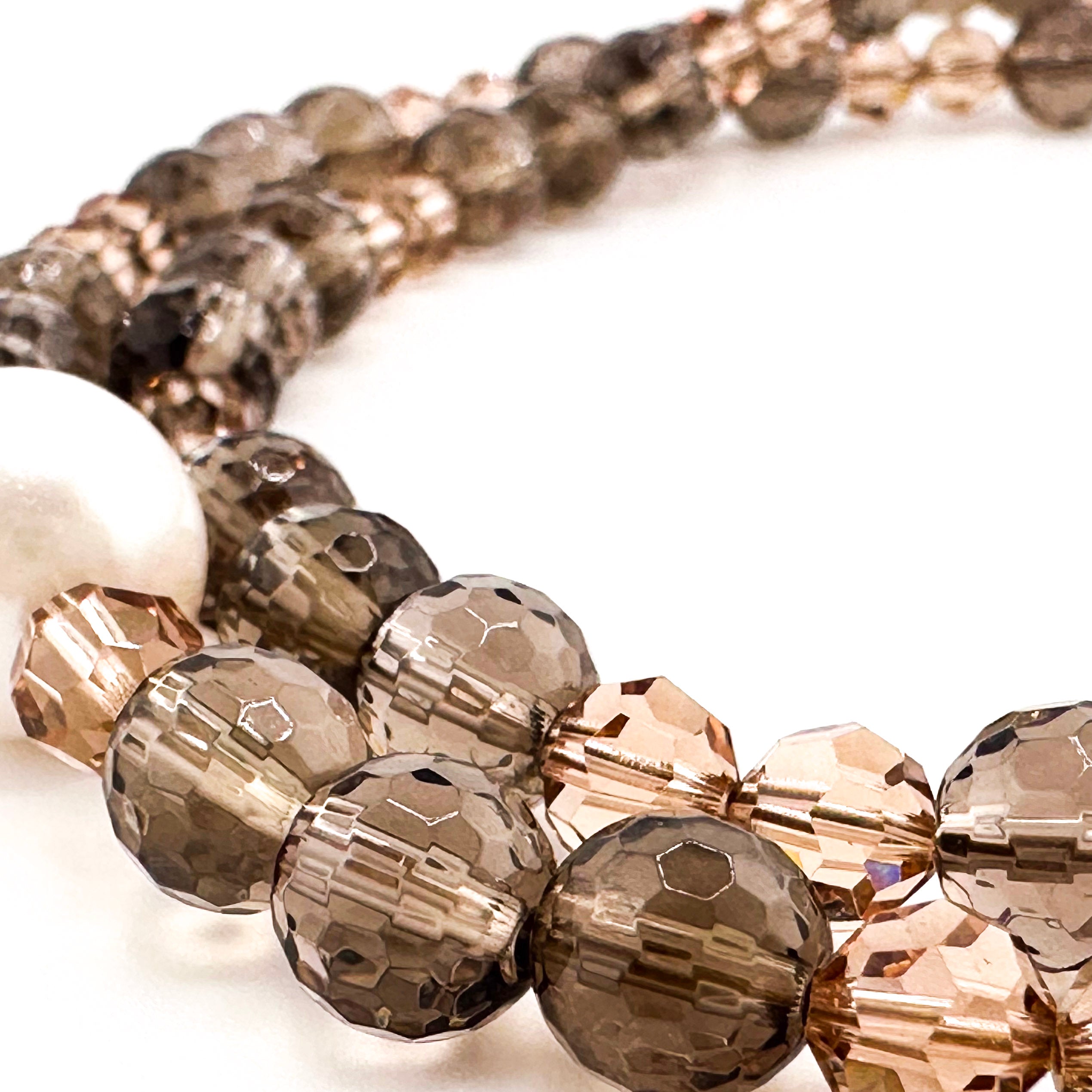 Pearl (Japan), Smokey Quartz, Swarovski Crystal, and Antique (1020s) 14K Gold Clasp Necklace
