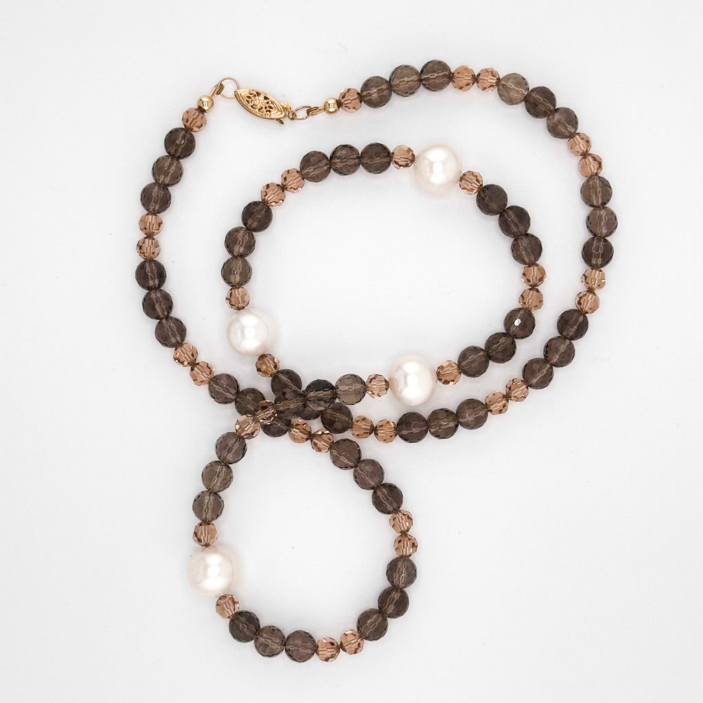 Pearl (Japan), Smokey Quartz, Swarovski Crystal, and Antique (1020s) 14K Gold Clasp Necklace