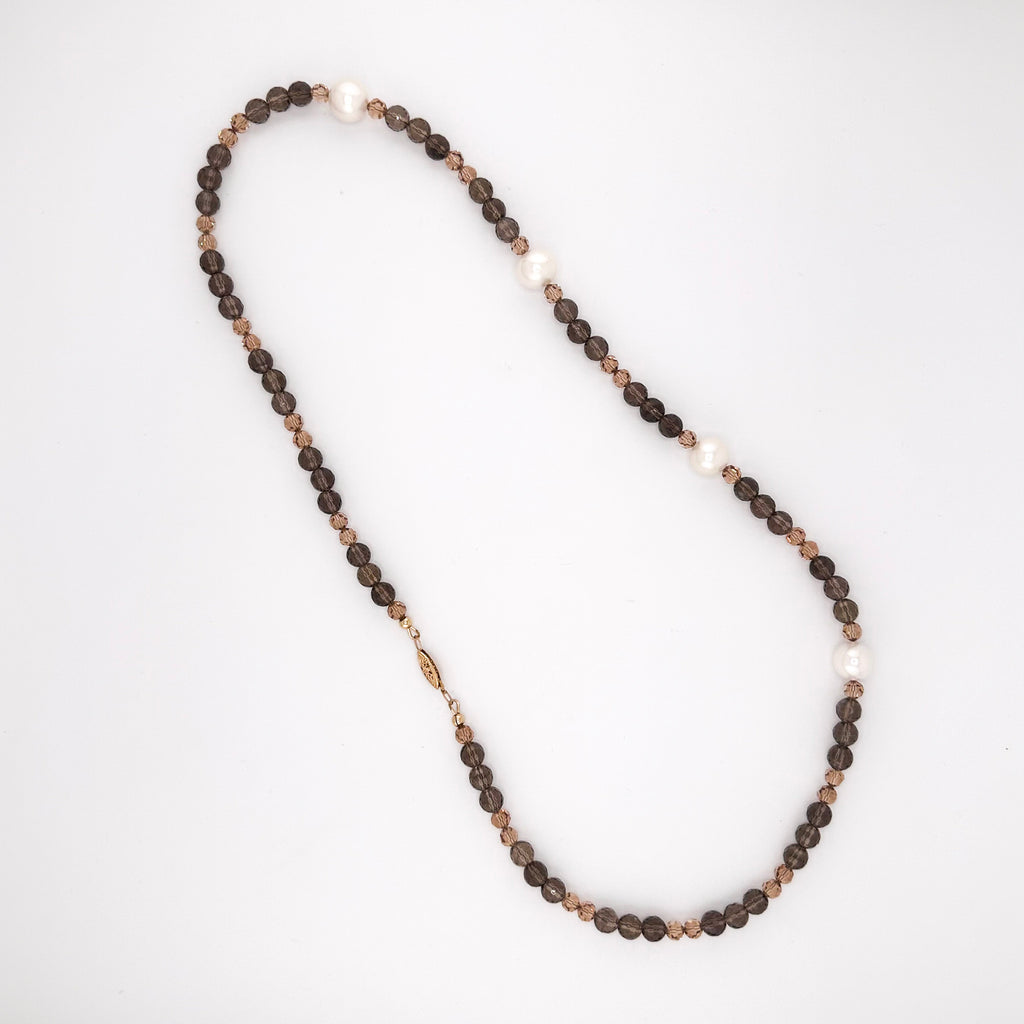 Pearl (Japan), Smokey Quartz, Swarovski Crystal, and Antique (1020s) 14K Gold Clasp Necklace