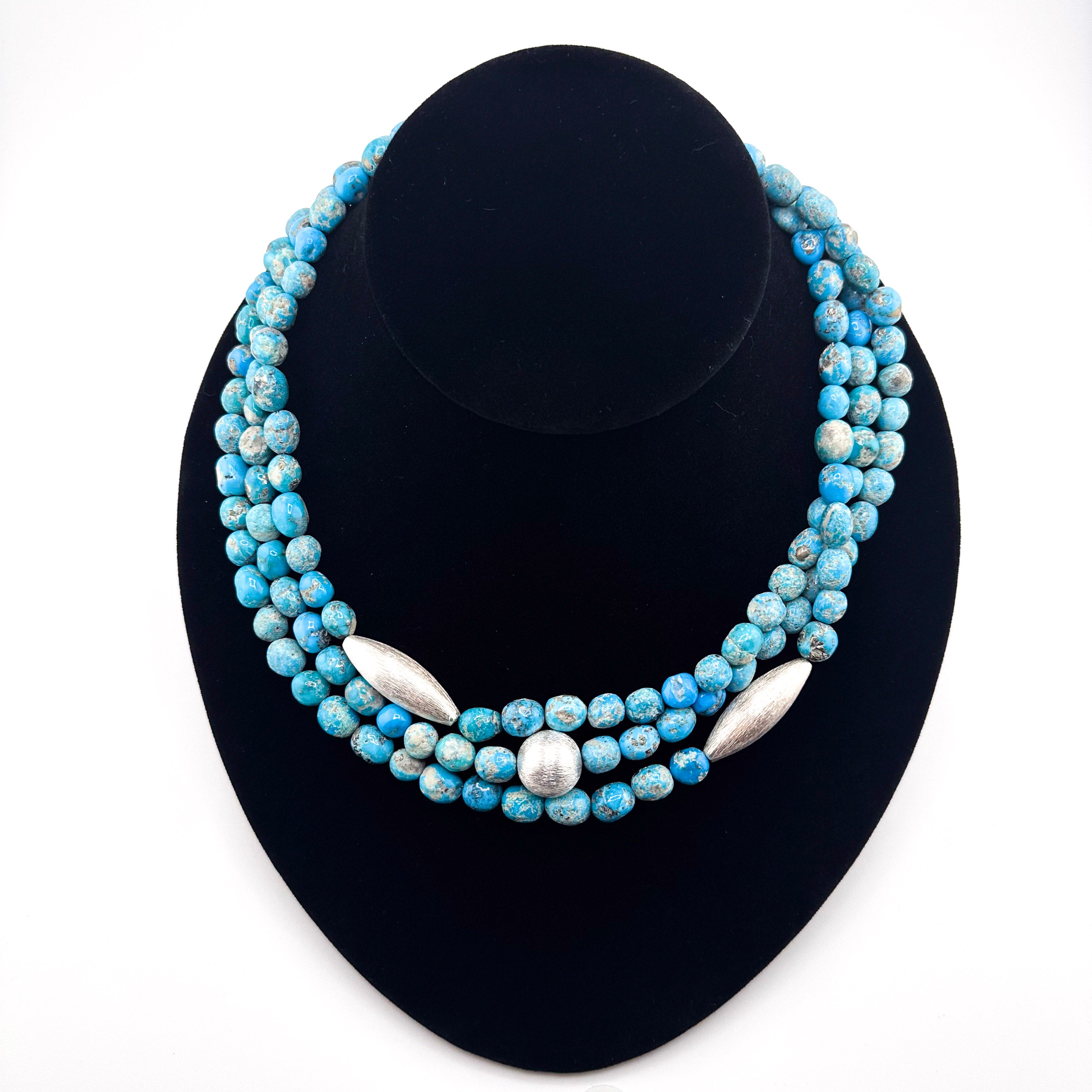 Turquoise (American) and Sterling Silver Triple-Strand Necklace