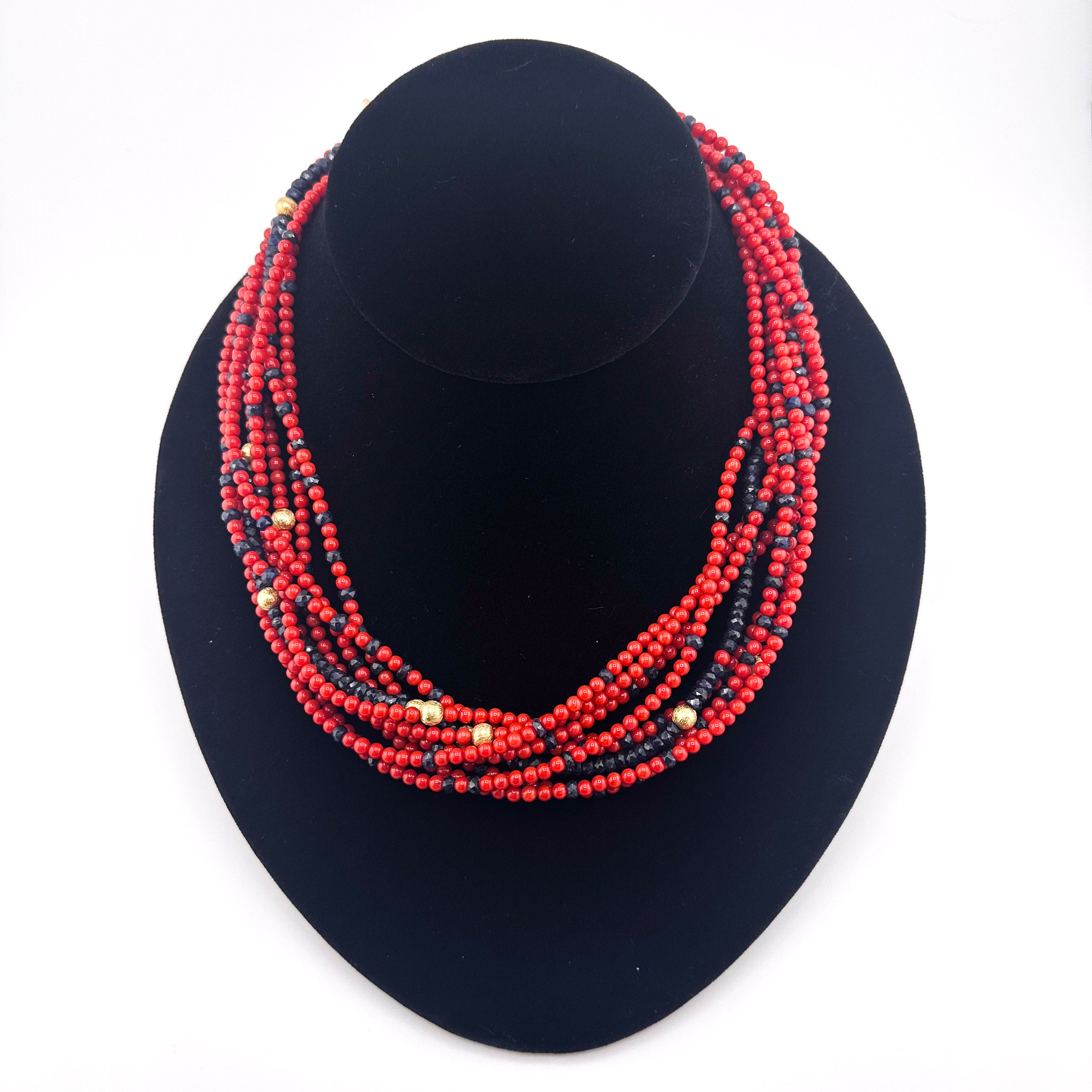 Sapphire, Vintage Coral, and 22K Gold Vermeil Nine-Strand Necklace