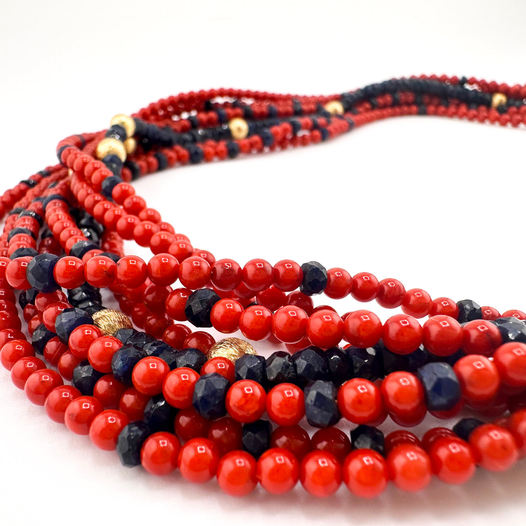 Sapphire, Vintage Coral, and 22K Gold Vermeil Nine-Strand Necklace