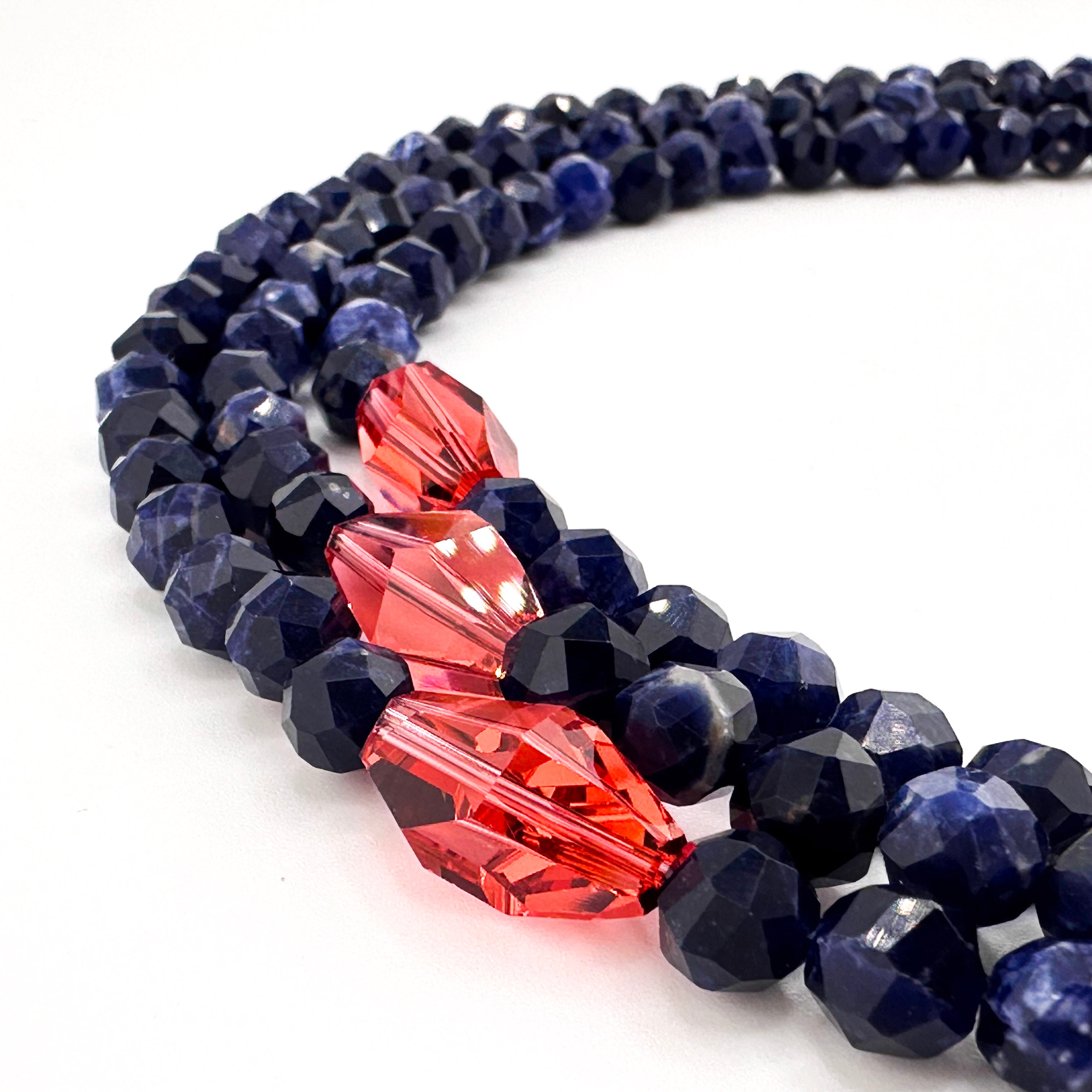 Sodalite, Swarovski Crystal, and Sterling Silver Triple-Strand Necklace