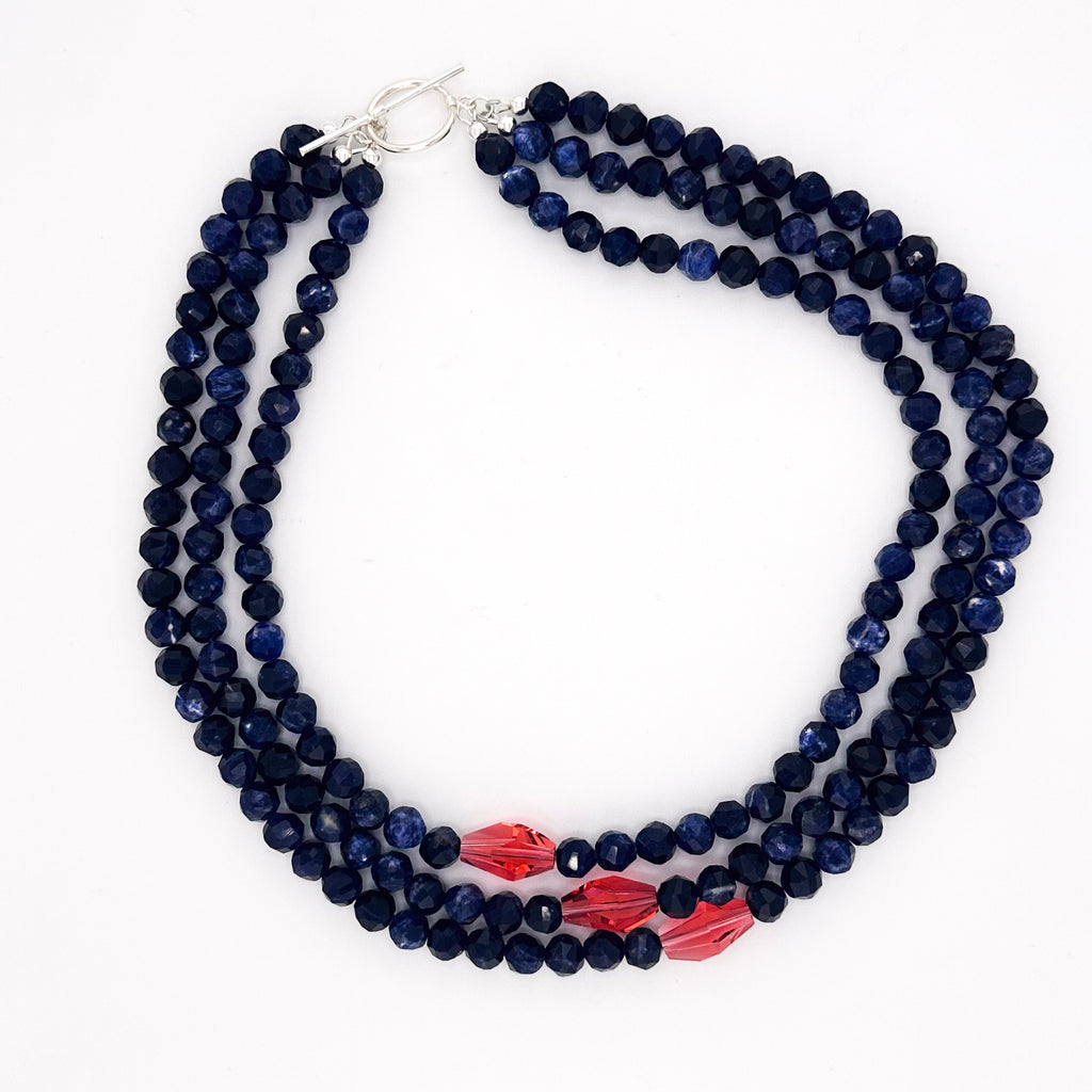 Sodalite, Swarovski Crystal, and Sterling Silver Triple-Strand Necklace