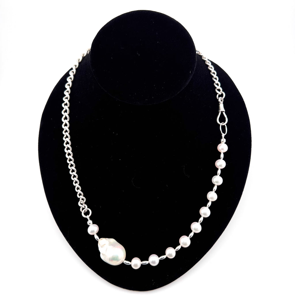 Antique (1886) Curb Link Watch Chain, Baroque and Round Pearls, and Sterling Silver Necklace