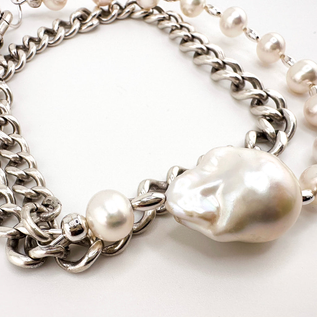 Antique (1886) Curb Link Watch Chain, Baroque and Round Pearls, and Sterling Silver Necklace