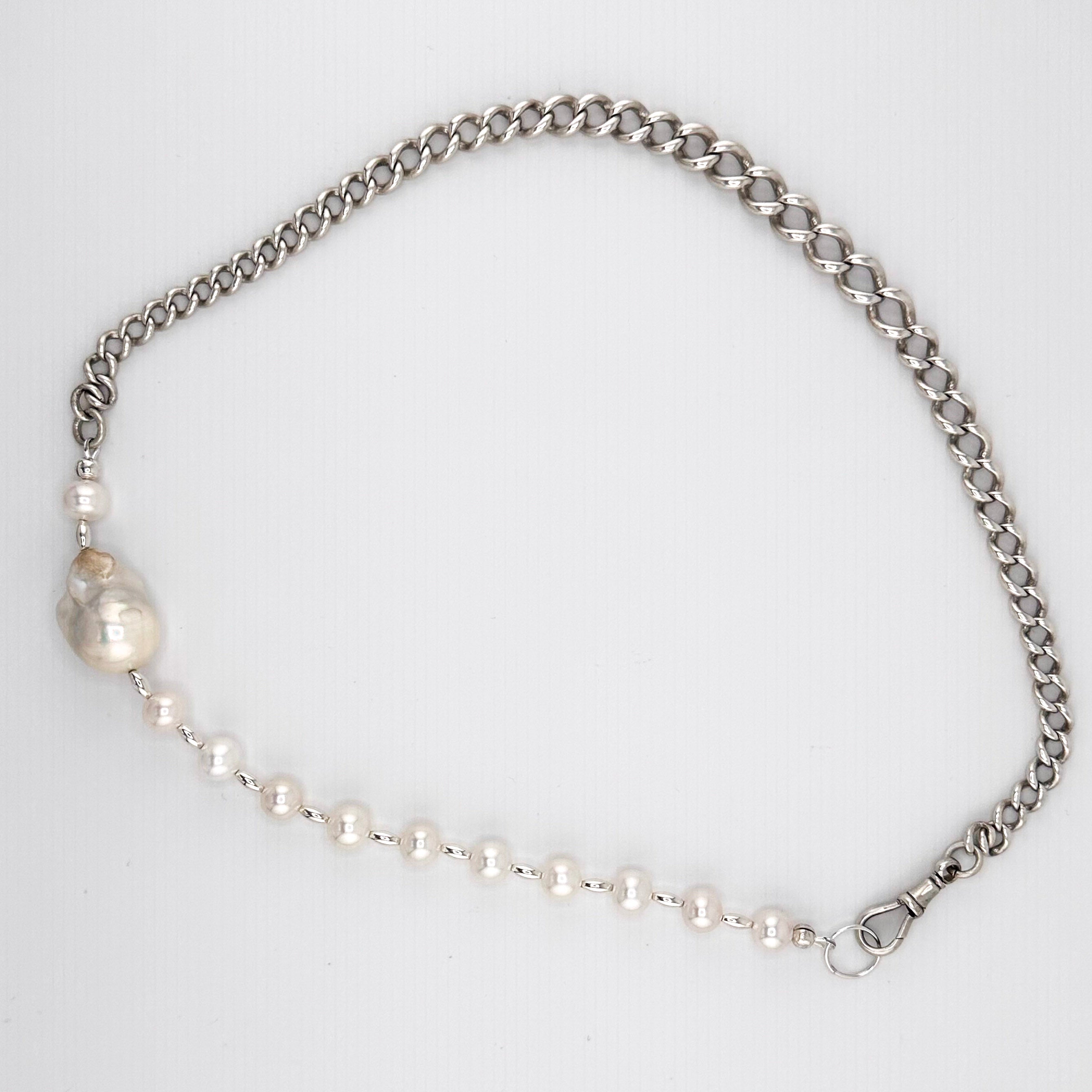Antique (1886) Curb Link Watch Chain, Baroque and Round Pearls, and Sterling Silver Necklace