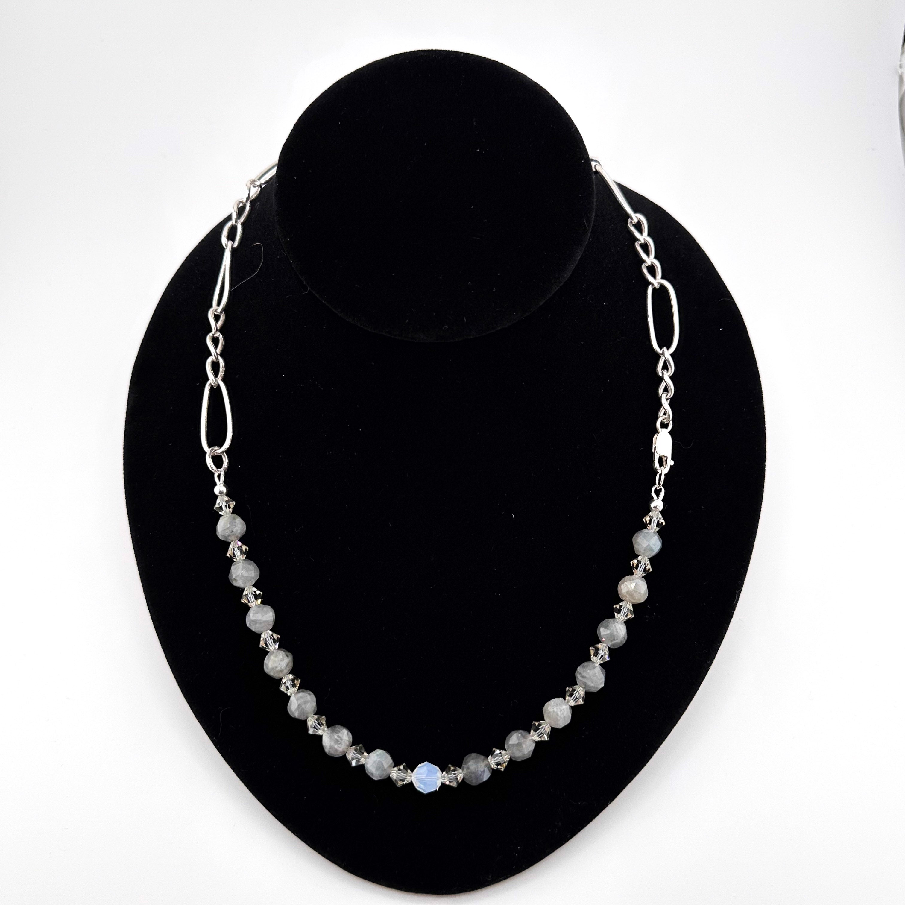 Antique (1900s) Figaro Link Watch Chain, Labradorite, Swarovski Crystal, and Sterling Silver Necklace