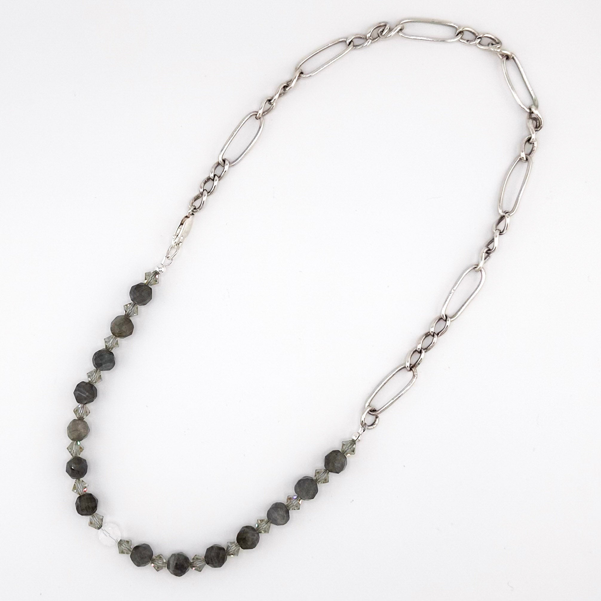 Antique (1900s) Figaro Link Watch Chain, Labradorite, Swarovski Crystal, and Sterling Silver Necklace