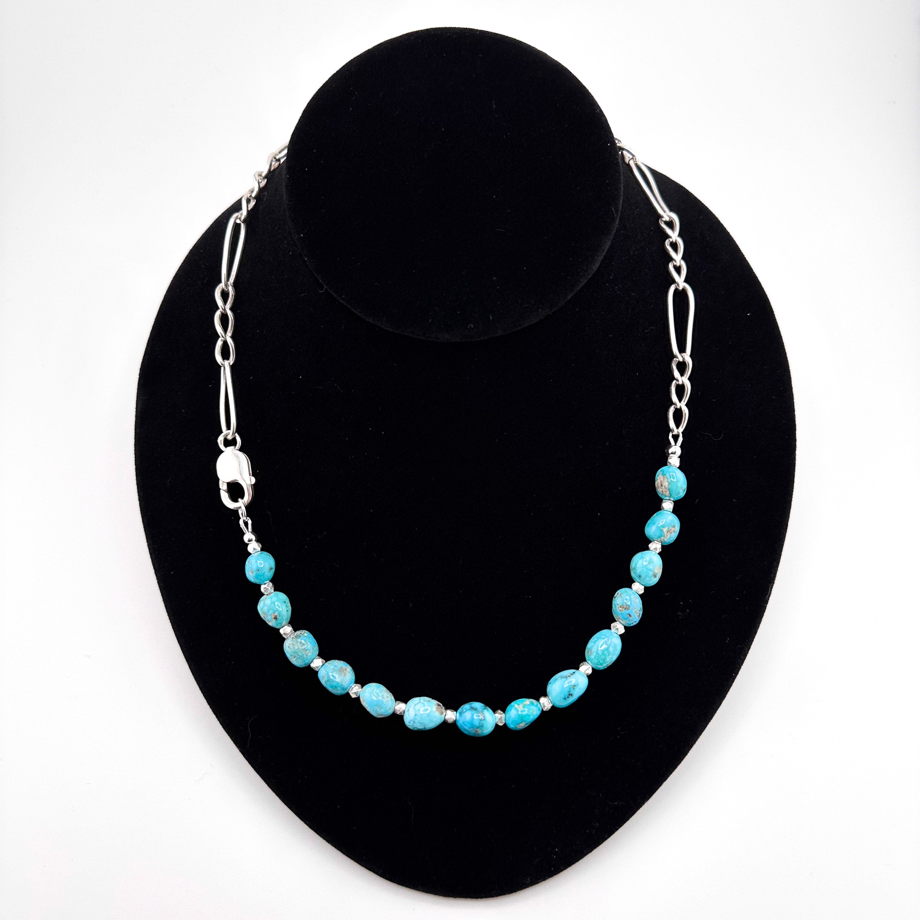 Antique (1900s) Figaro Link Watch Chain, Turquoise (American), and Sterling Silver Necklace