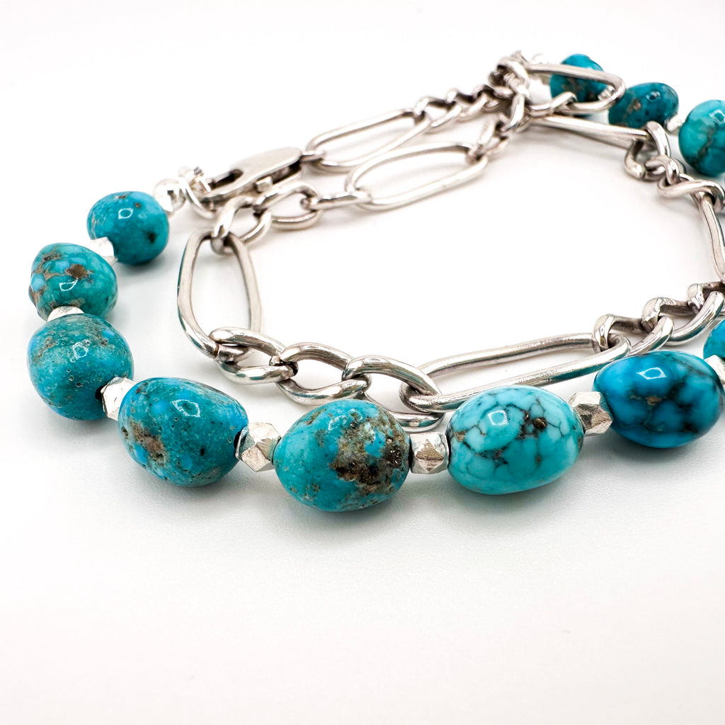 Antique (1900s) Figaro Link Watch Chain, Turquoise (American), and Sterling Silver Necklace