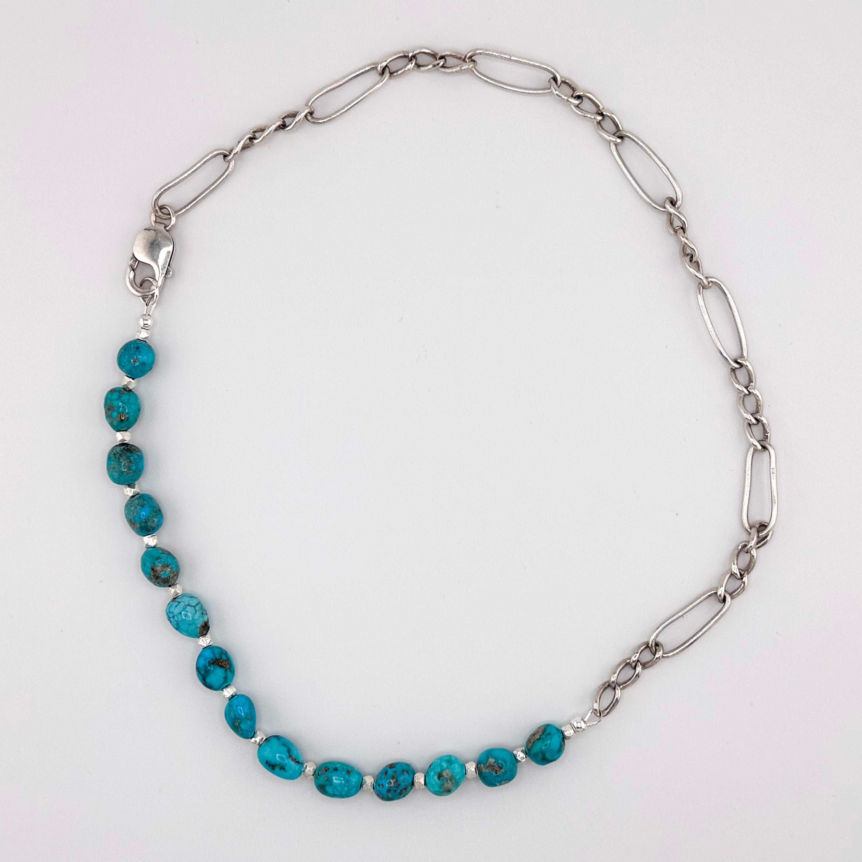 Antique (1900s) Figaro Link Watch Chain, Turquoise (American), and Sterling Silver Necklace