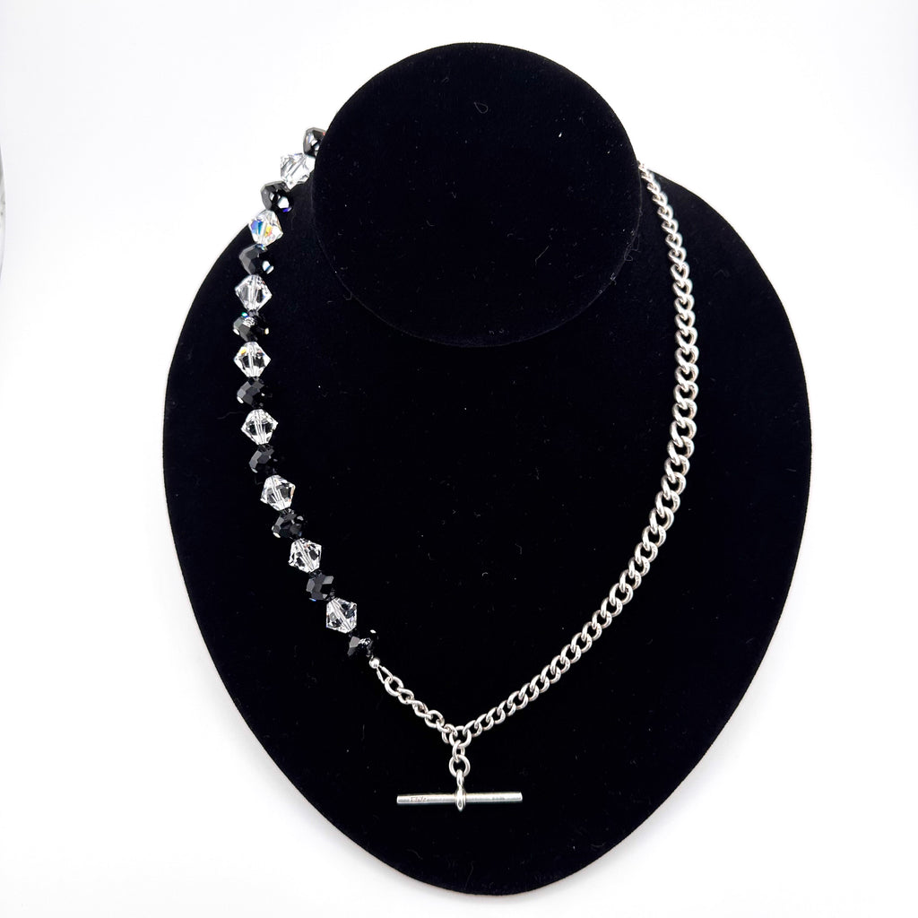 Antique (1925) Graduated Curb Link Watch Chain and T-Bar, Swarovski Crystal, and Sterling Silver Necklace
