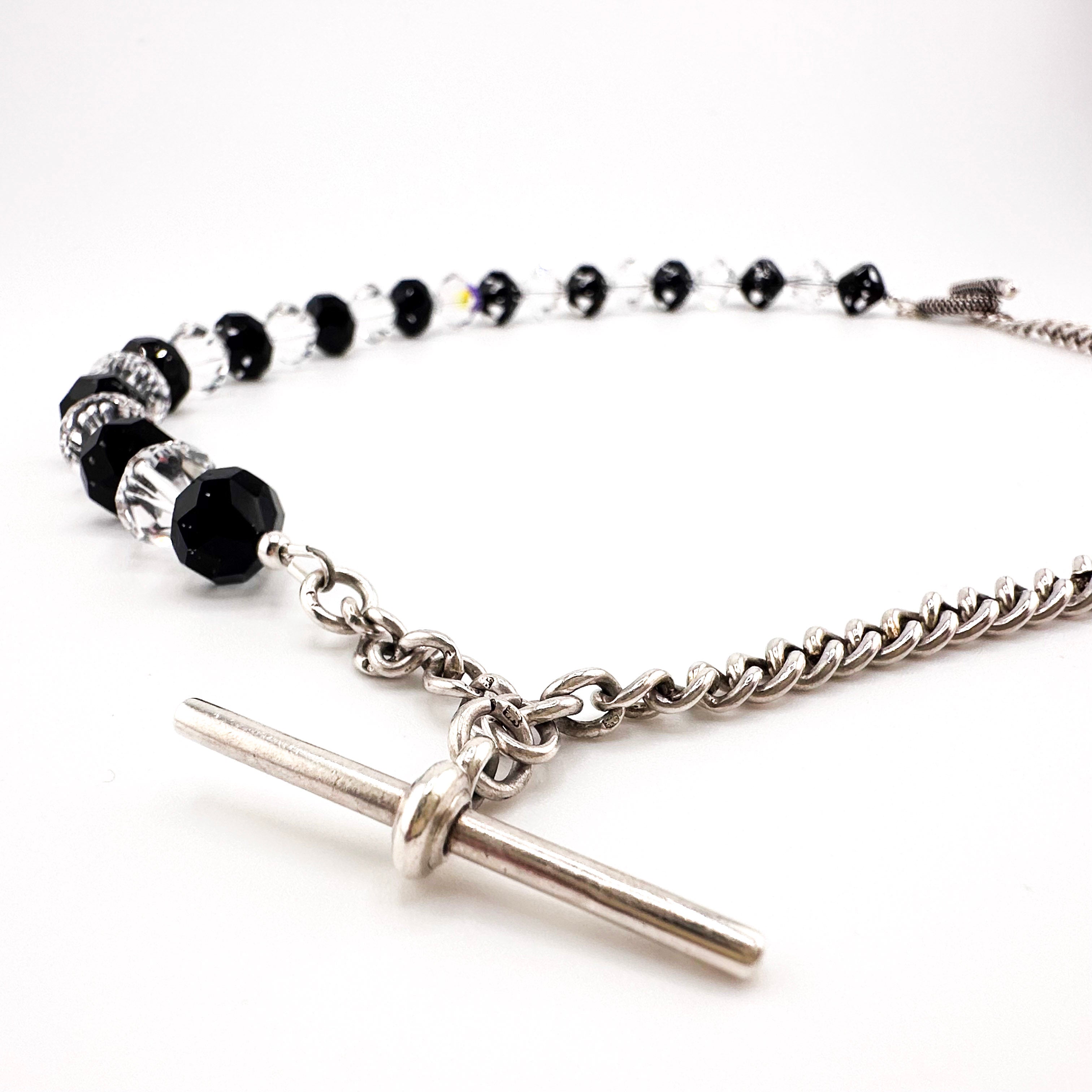 Antique (1925) Graduated Curb Link Watch Chain and T-Bar, Swarovski Crystal, and Sterling Silver Necklace