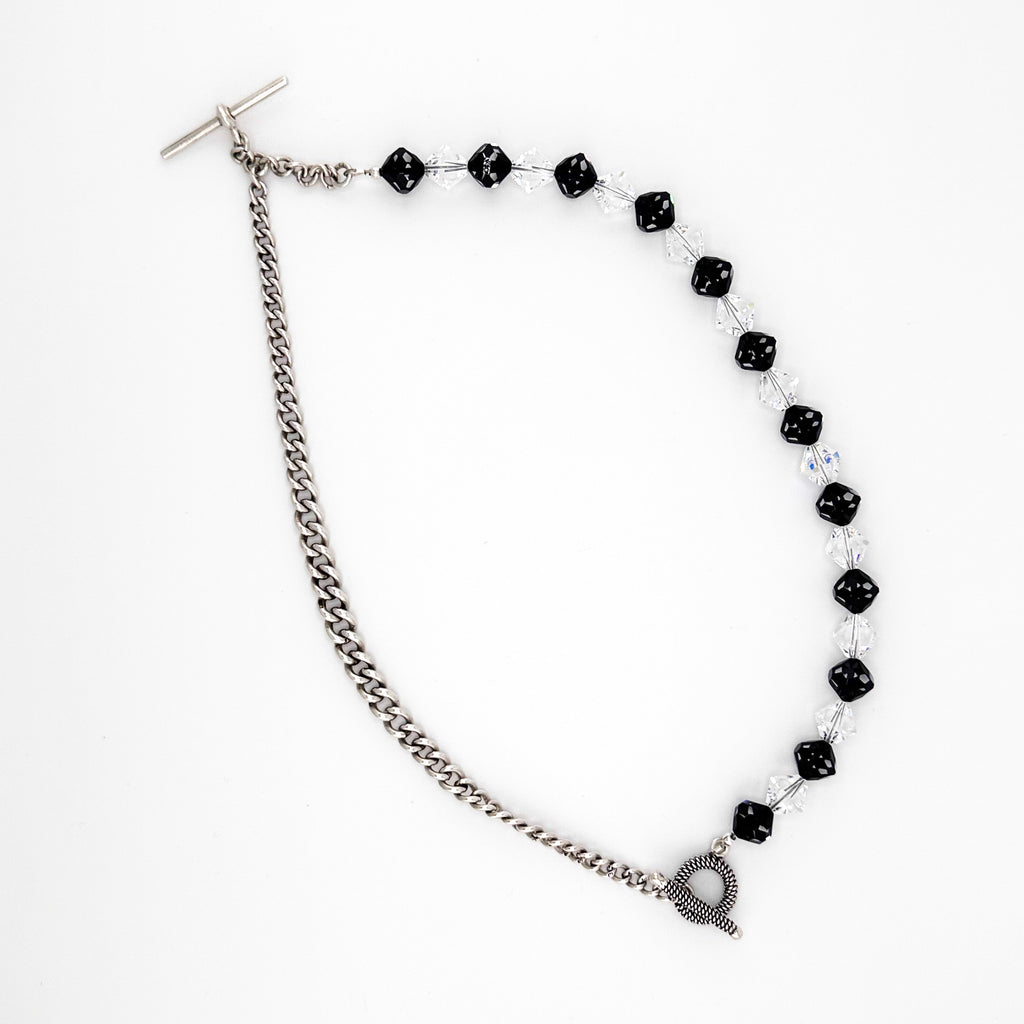 Antique (1925) Graduated Curb Link Watch Chain and T-Bar, Swarovski Crystal, and Sterling Silver Necklace
