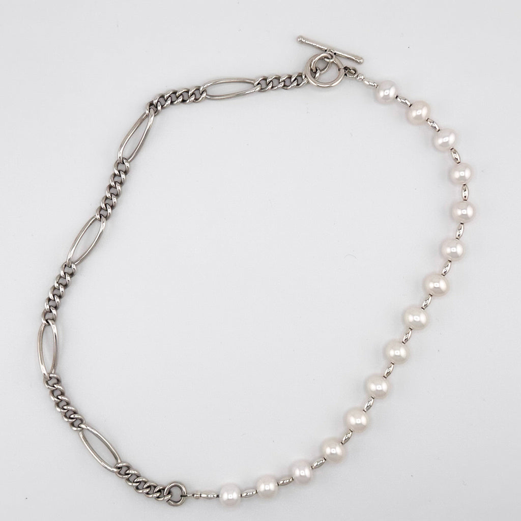 Antique (1900s) Figaro Link Watch Chain, Pearl (Japan), and Sterling Silver Necklace