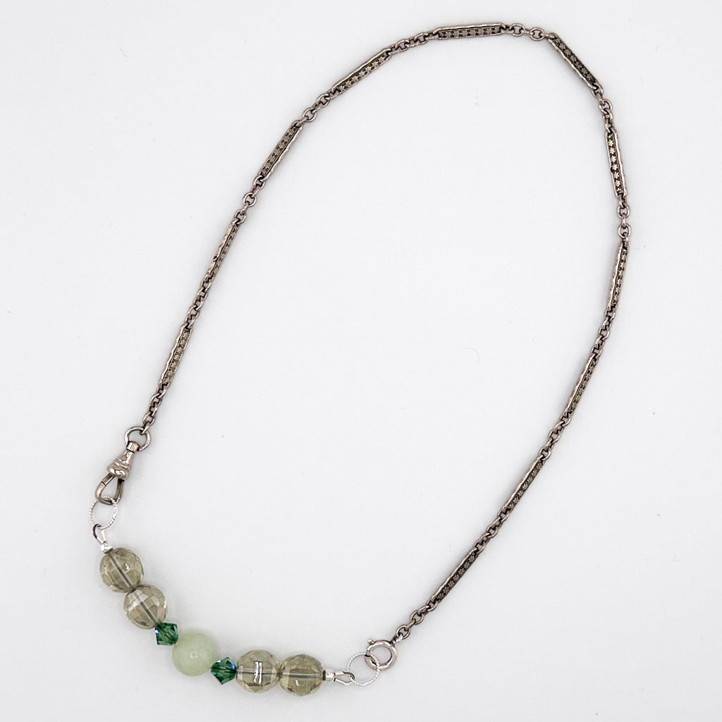 Antique (1900s) Fancy Link Watch Chain, Vintage (1950s) Jade, Vintage Crystal, Swarovski Crystal, and Sterling Silver Necklace