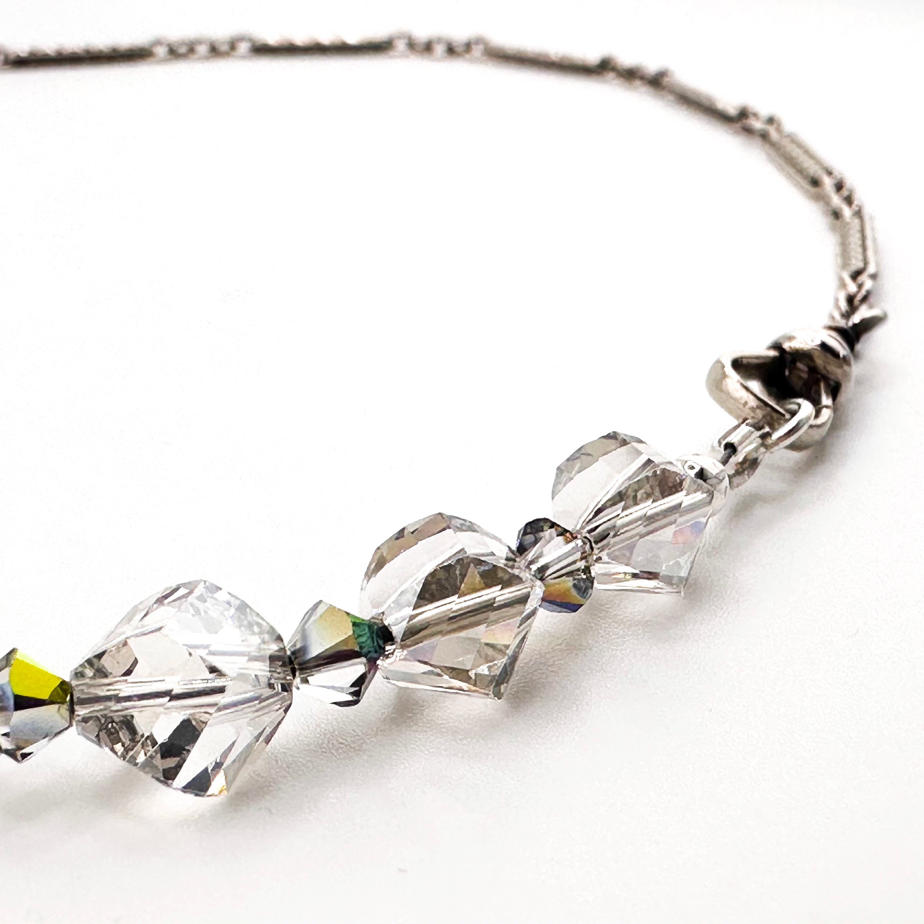 Antique (1900s) Fancy Link Watch Chain, Vintage (1950s) Jade, Vintage Crystal, Swarovski Crystal, and Sterling Silver Necklace