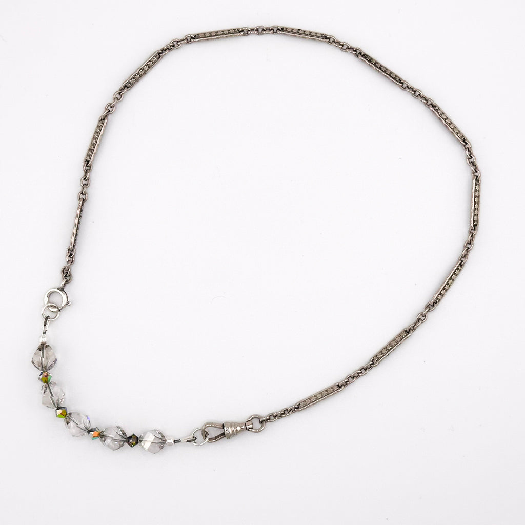 Antique (1900s) Fancy Link Watch Chain, Vintage (1950s) Jade, Vintage Crystal, Swarovski Crystal, and Sterling Silver Necklace