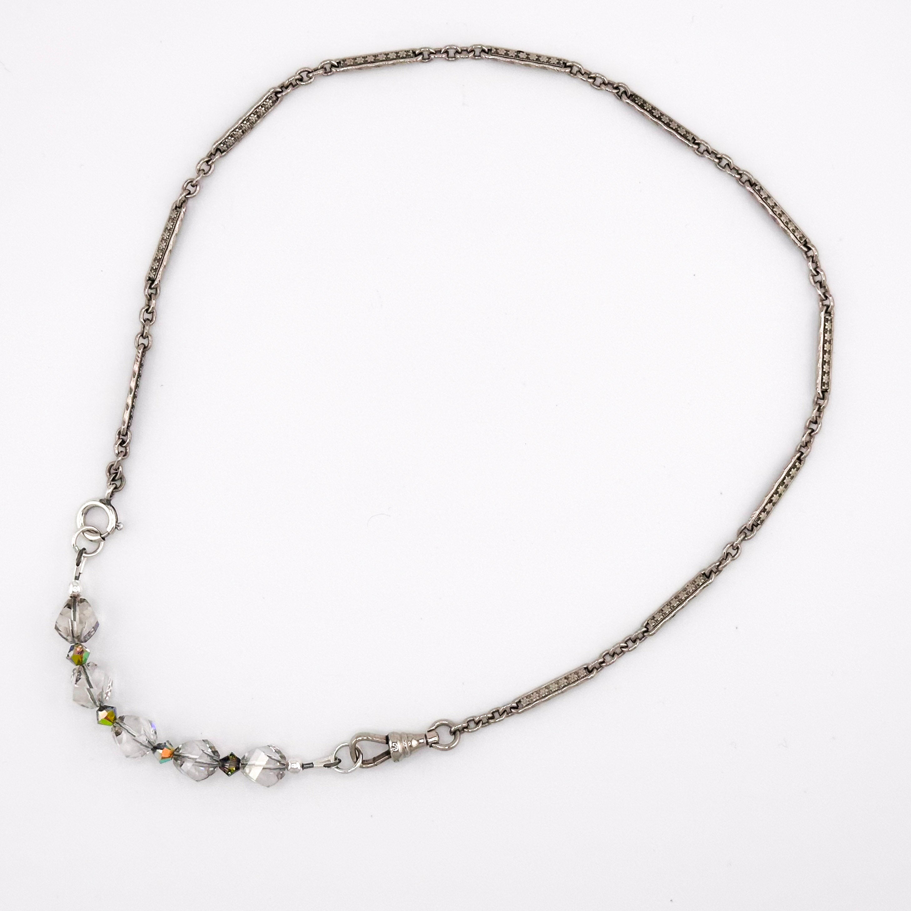 Antique (1900s) Fancy Link Watch Chain, Vintage (1950s) Jade, Vintage Crystal, Swarovski Crystal, and Sterling Silver Necklace