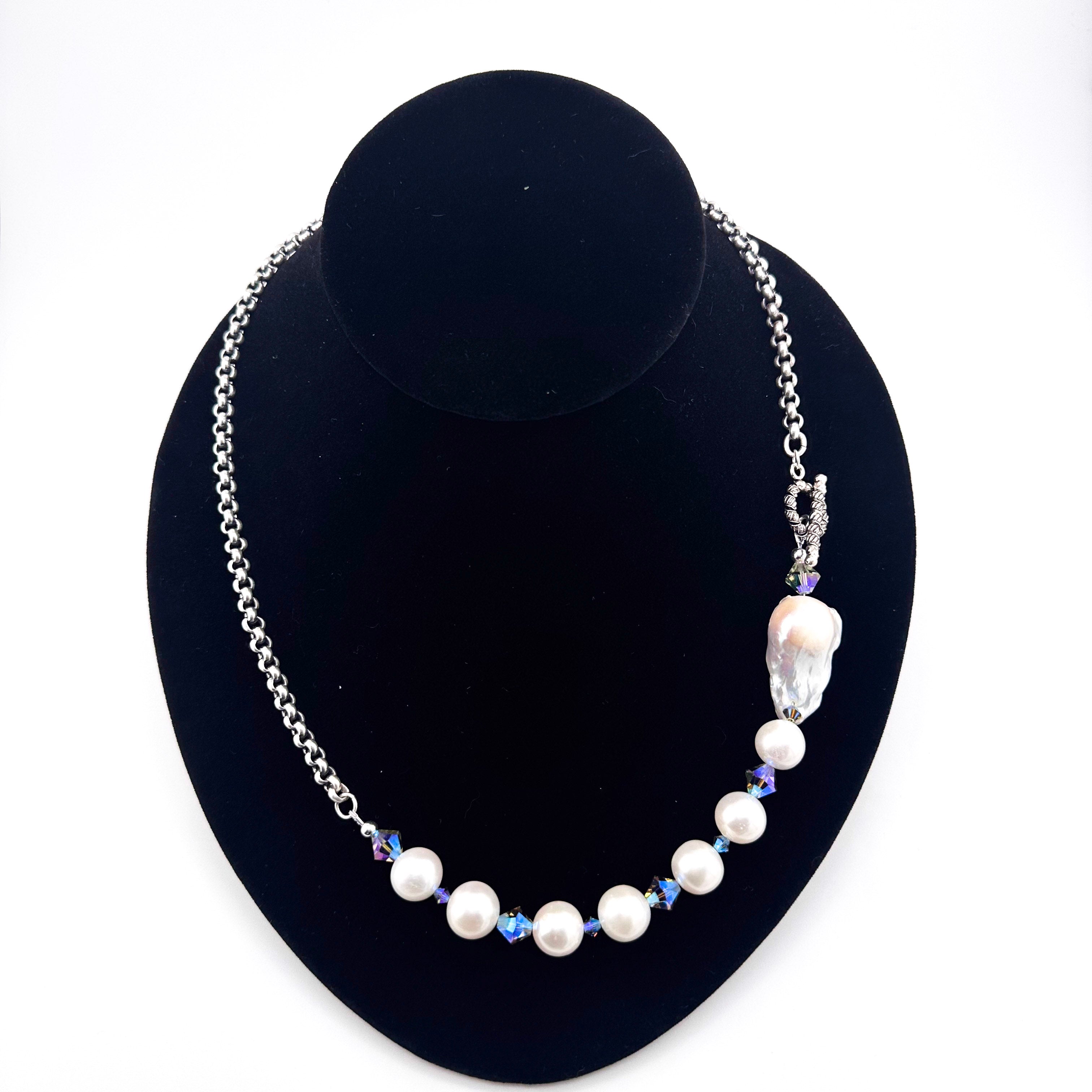 Antique (1910s) Belcher Link Lorgnette Chain, Baroque and Round Pearls (Japan), Swarovski Crystal, and Sterling Silver Necklace