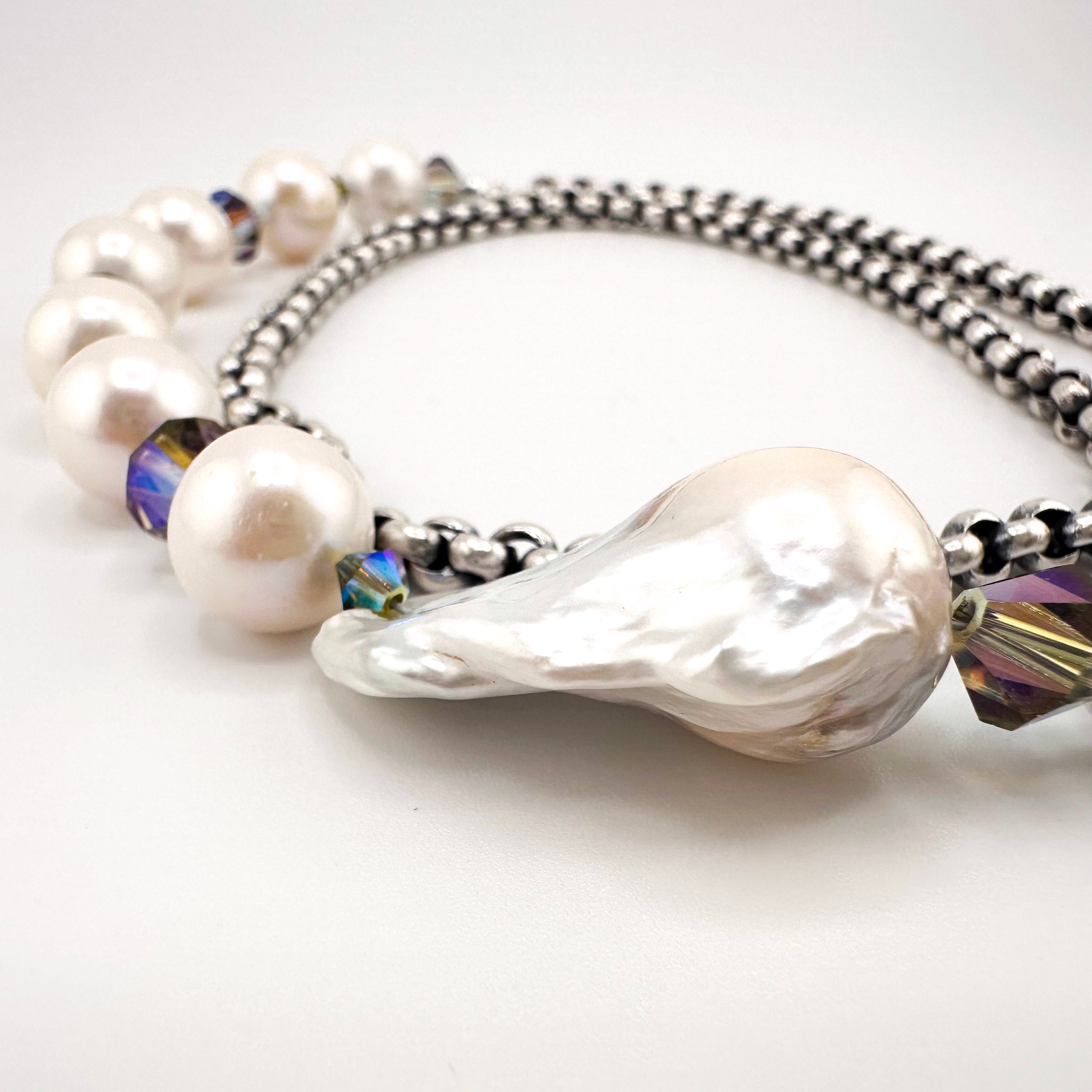 Antique (1910s) Belcher Link Lorgnette Chain, Baroque and Round Pearls (Japan), Swarovski Crystal, and Sterling Silver Necklace