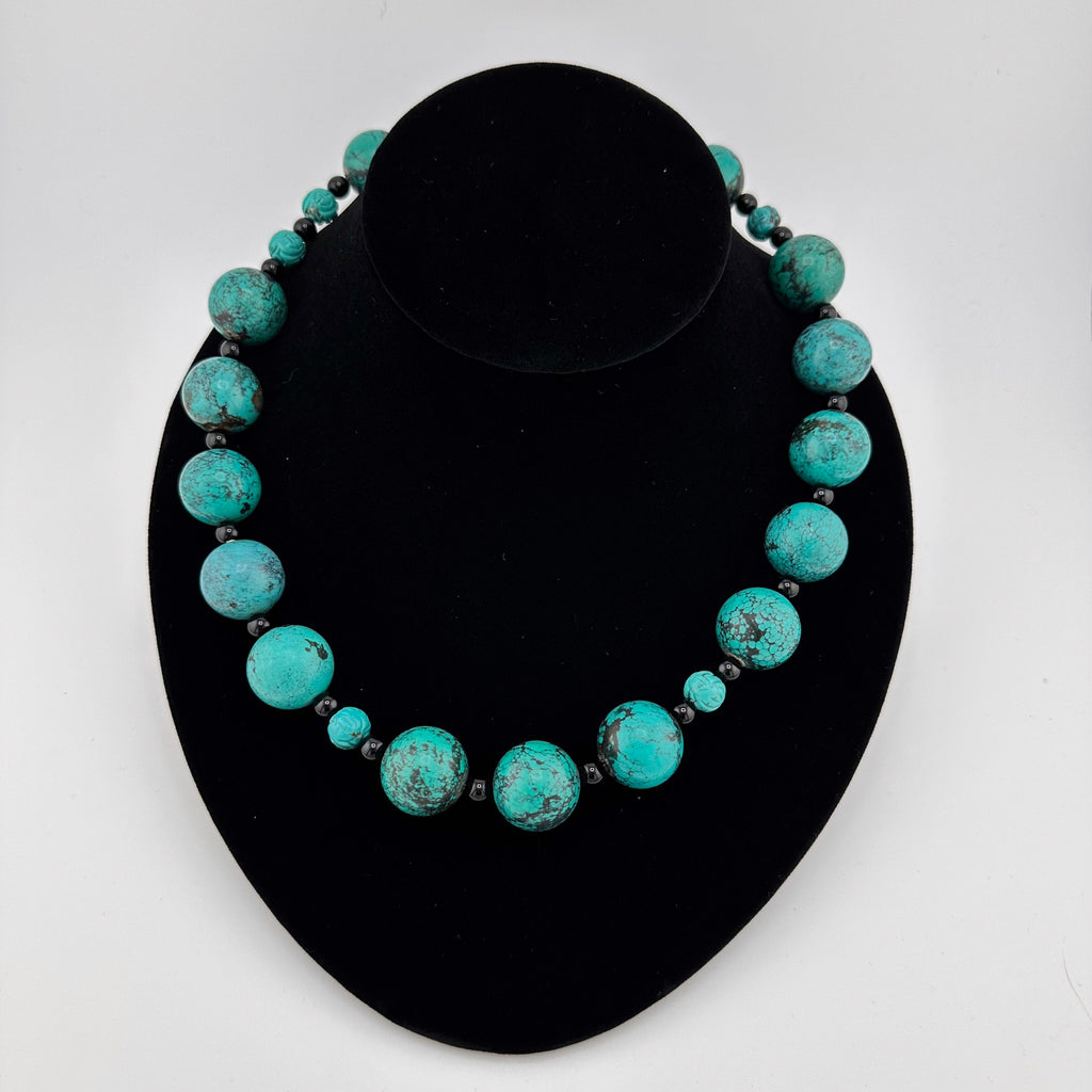 Turquoise (Hubei), Onyx, and Sterling Silver Necklace