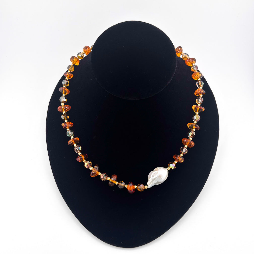 Amber, Pearl, Swarovski Crystal, and 22K Gold Vermeil Necklace on black bust