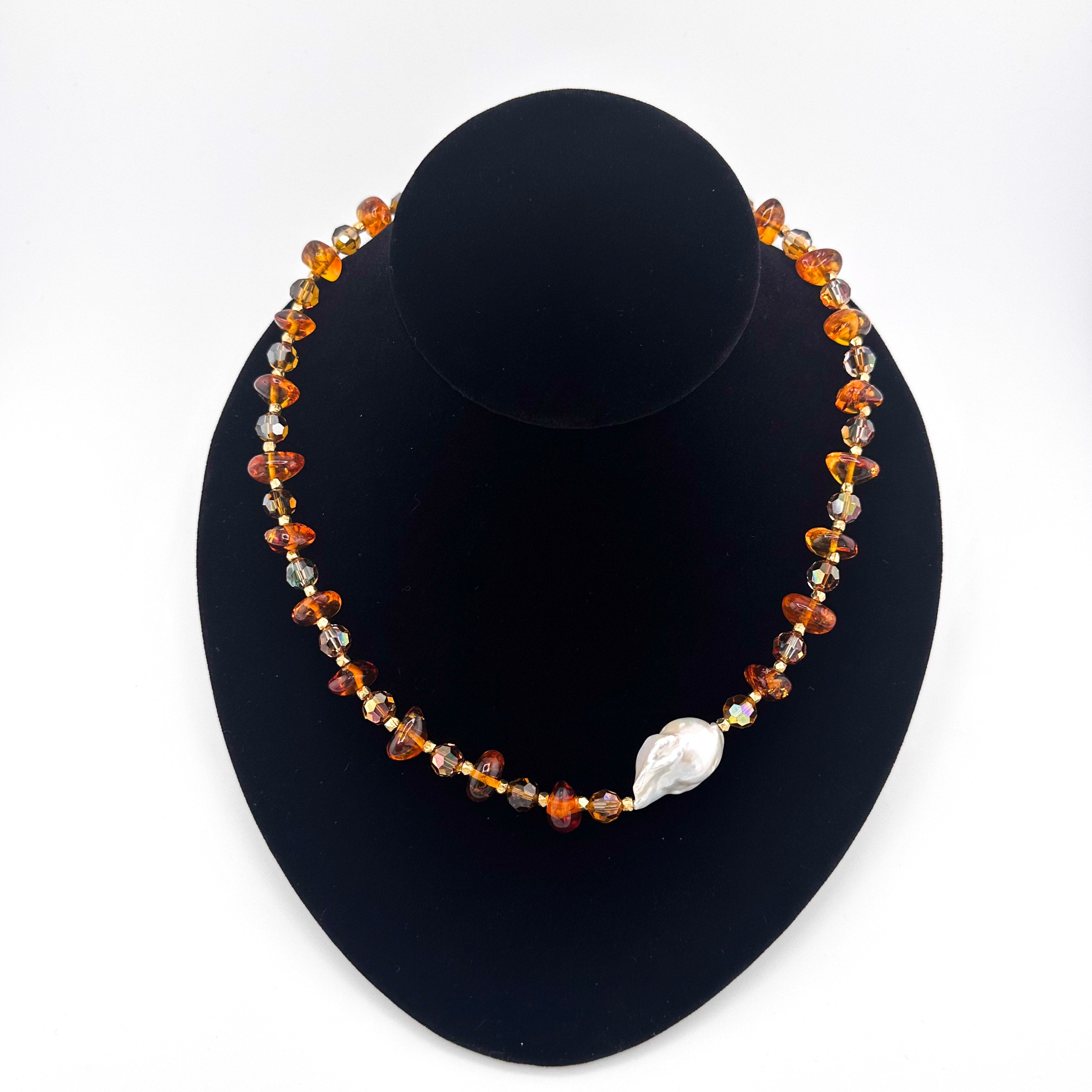 Amber, Pearl, Swarovski Crystal, and 22K Gold Vermeil Necklace on black bust
