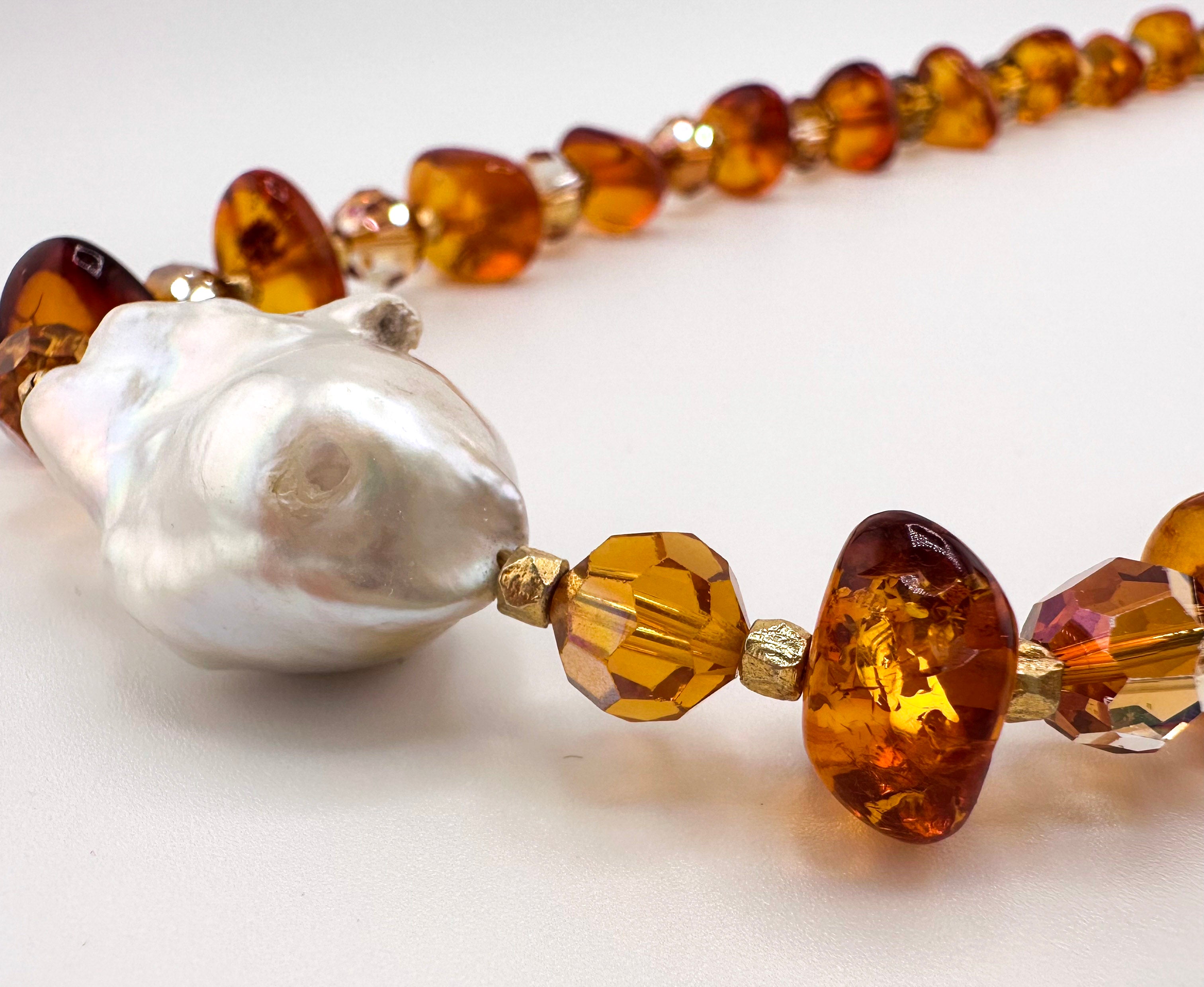 Amber, Pearl, Swarovski Crystal, and 22K Gold Vermeil Necklace closeup on white background