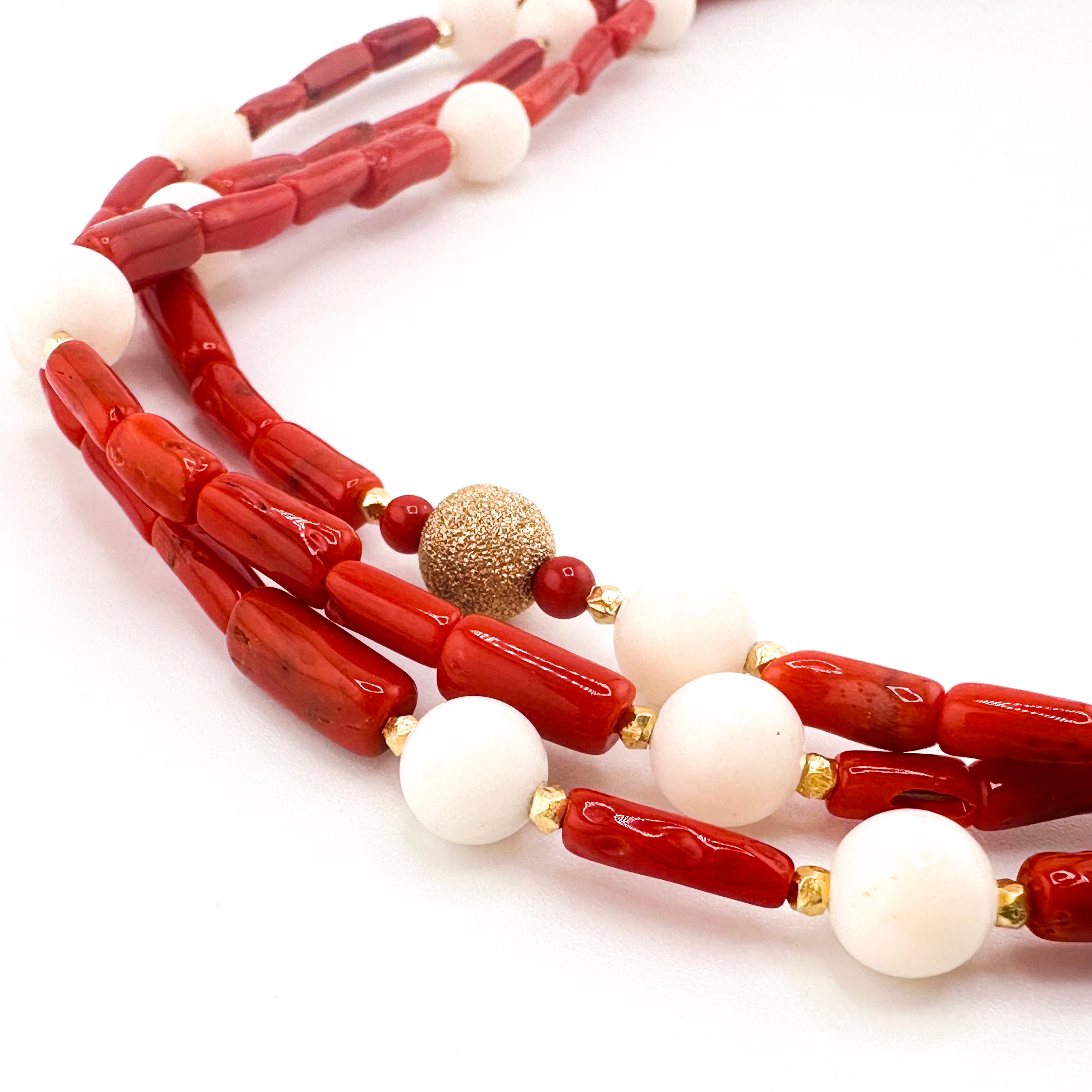 Angel Skin Coral, Coral, and 22K Gold Vermeil Necklace closeup on white background