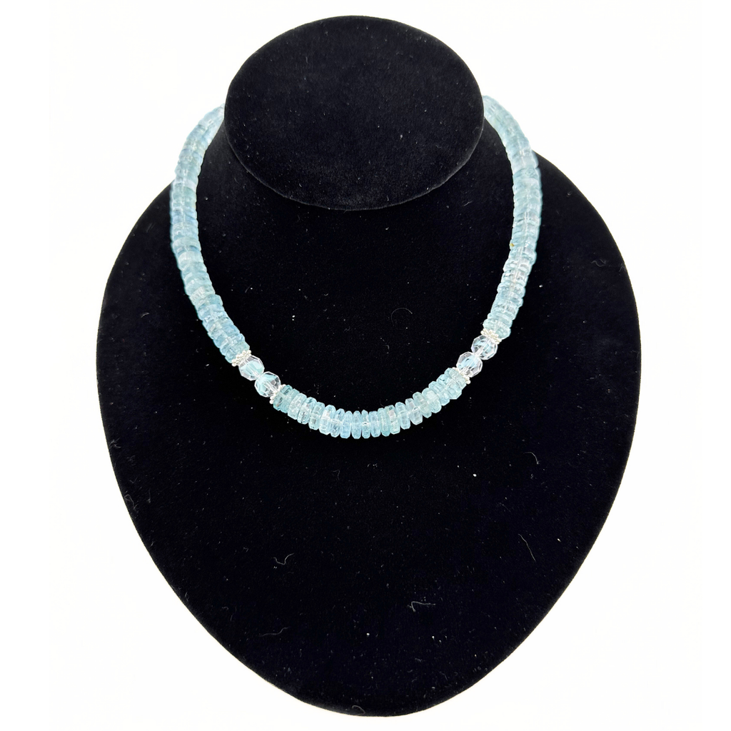 Aquamarine, Swarovski Crystal, and Sterling Silver Necklace on black bust