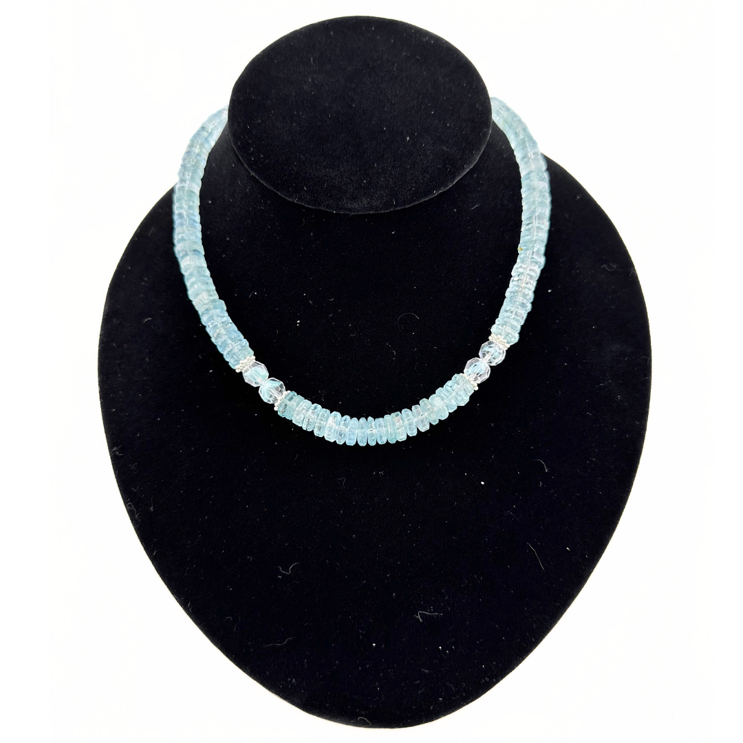 Aquamarine, Swarovski Crystal, and Sterling Silver Necklace on black bust