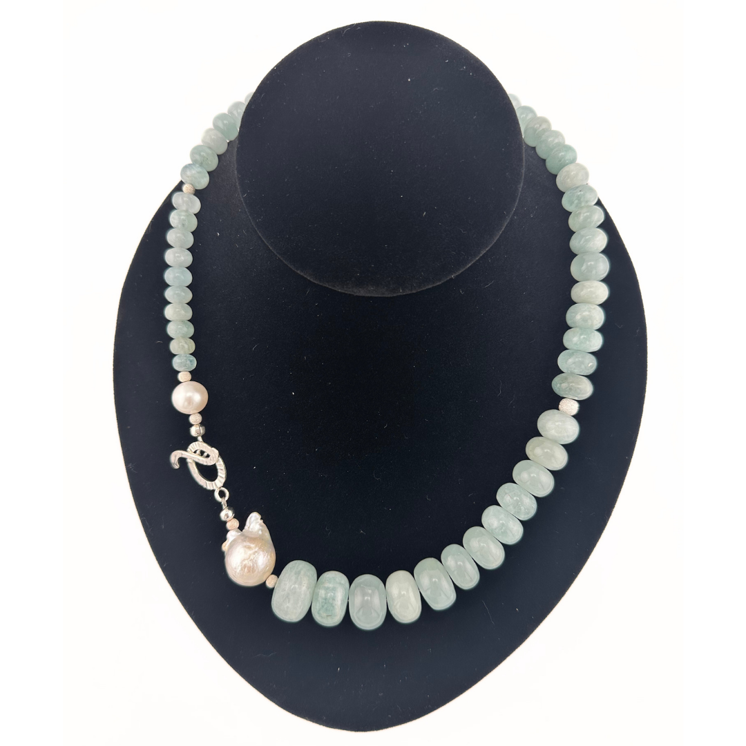 Aquamarine, Pearl, and Sterling Silver Necklace on black bust