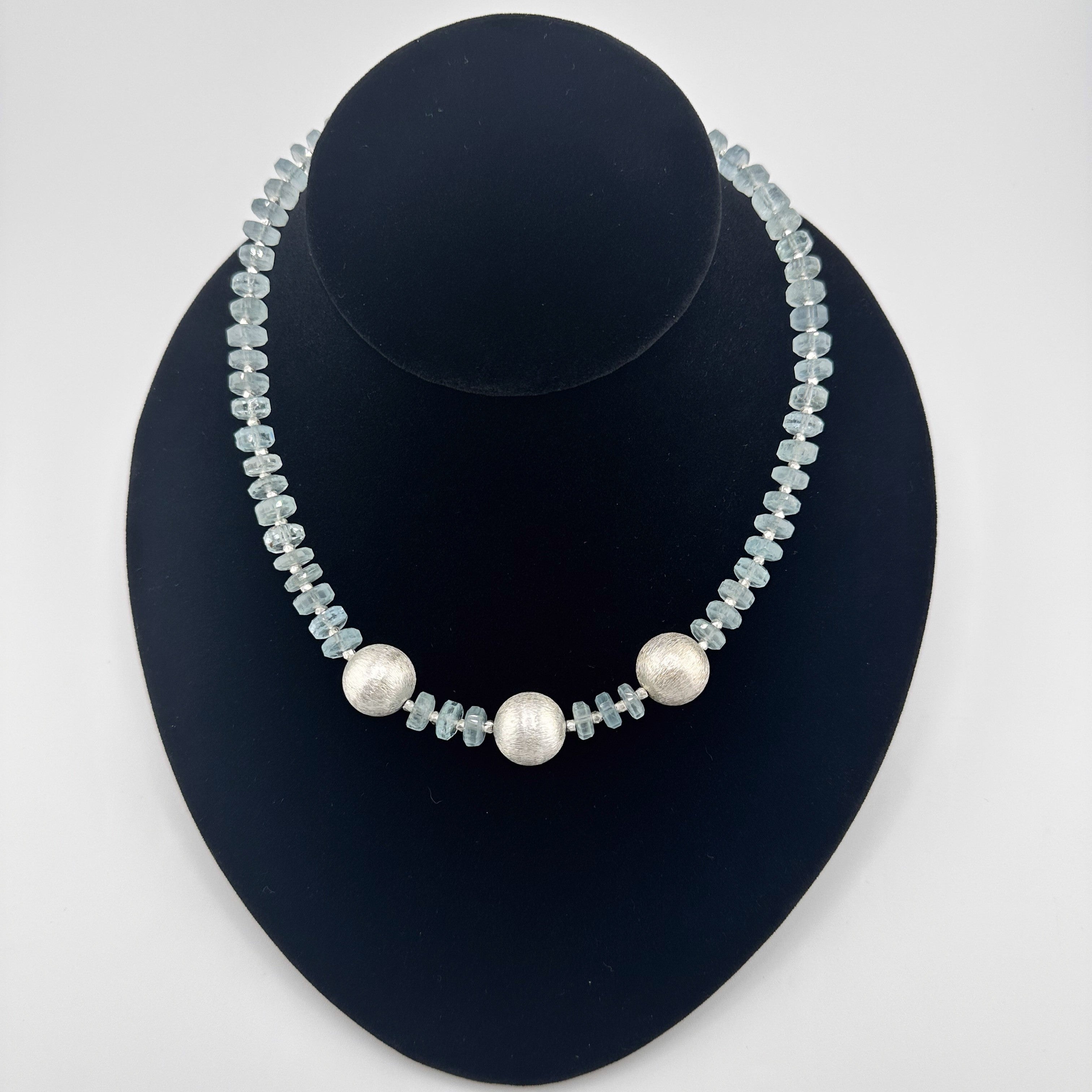 Aquamarine and Sterling Silver Necklace on black bust