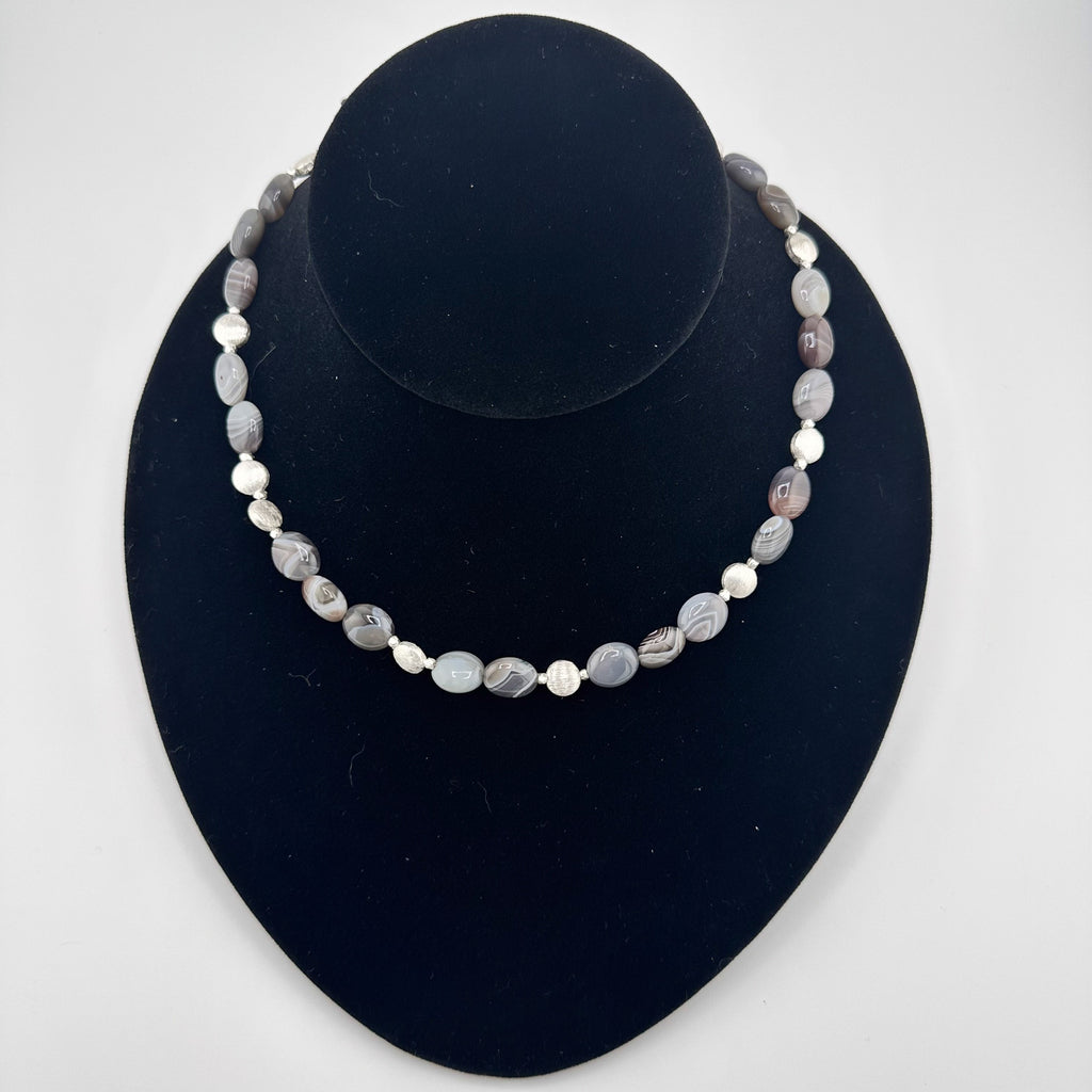 Banded Agate and Sterling Silver beaded necklace on black bust