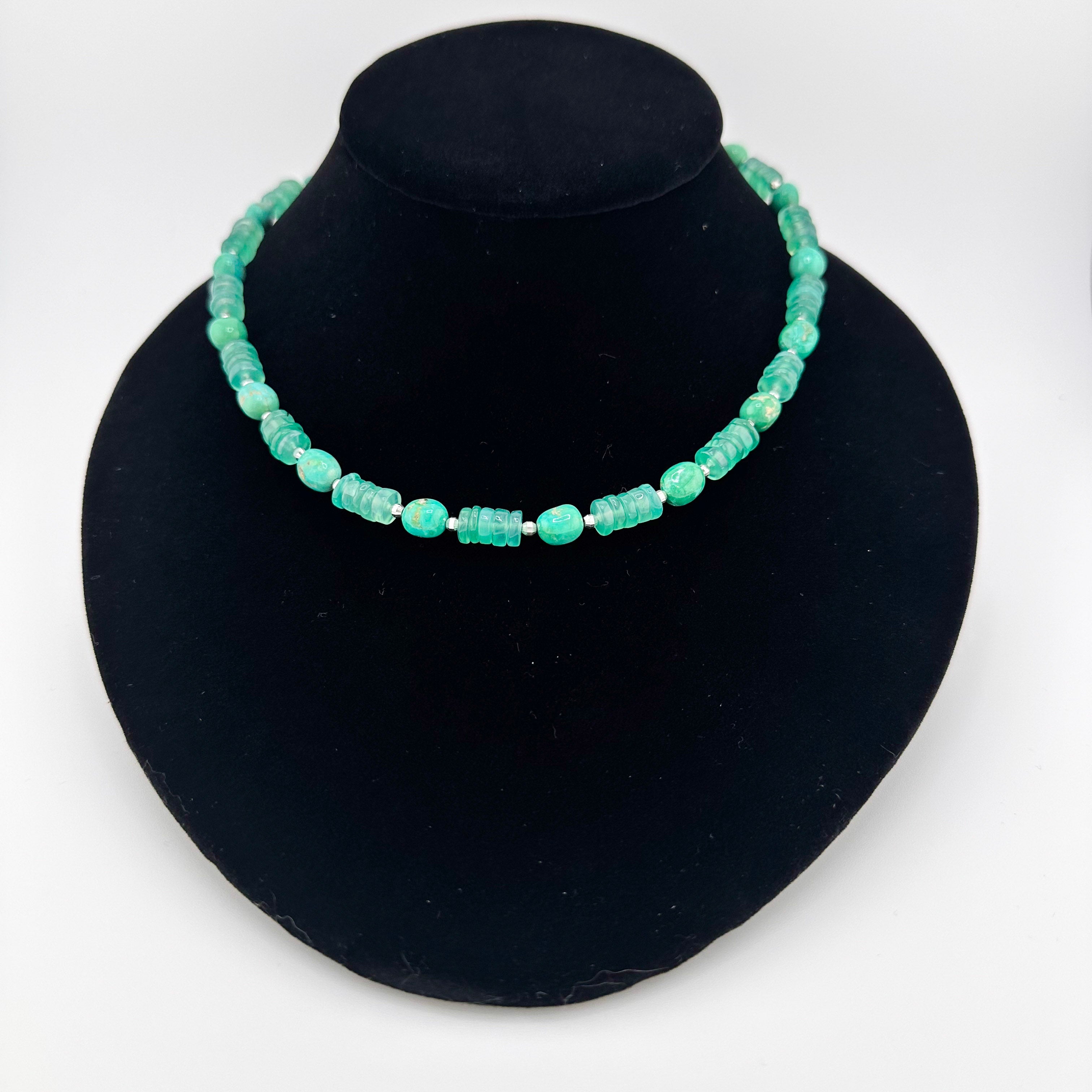 Chrysophrase, Turquoise, Hematite, and Sterling Silver beaded necklace on black bust