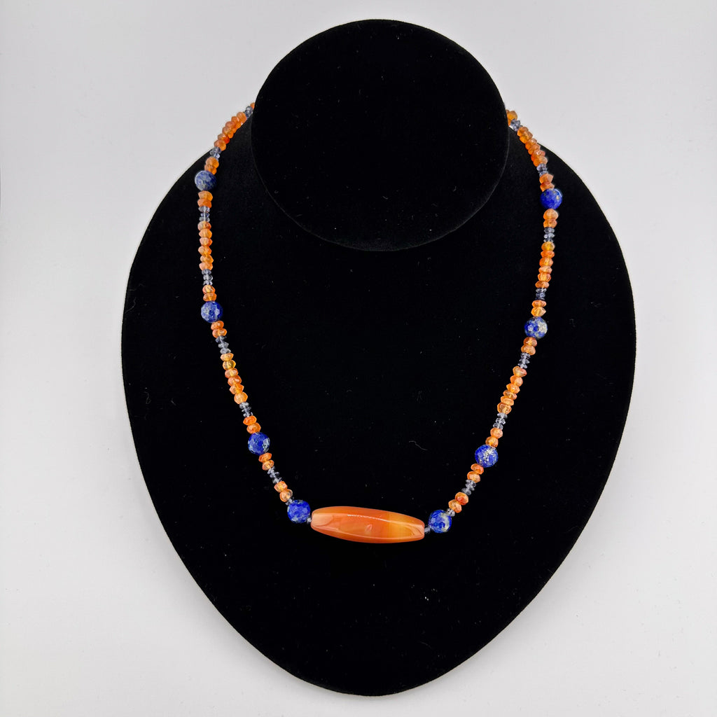 Citrine, Lapis, Sodalite, and Sterling Silver beaded necklace on black bust