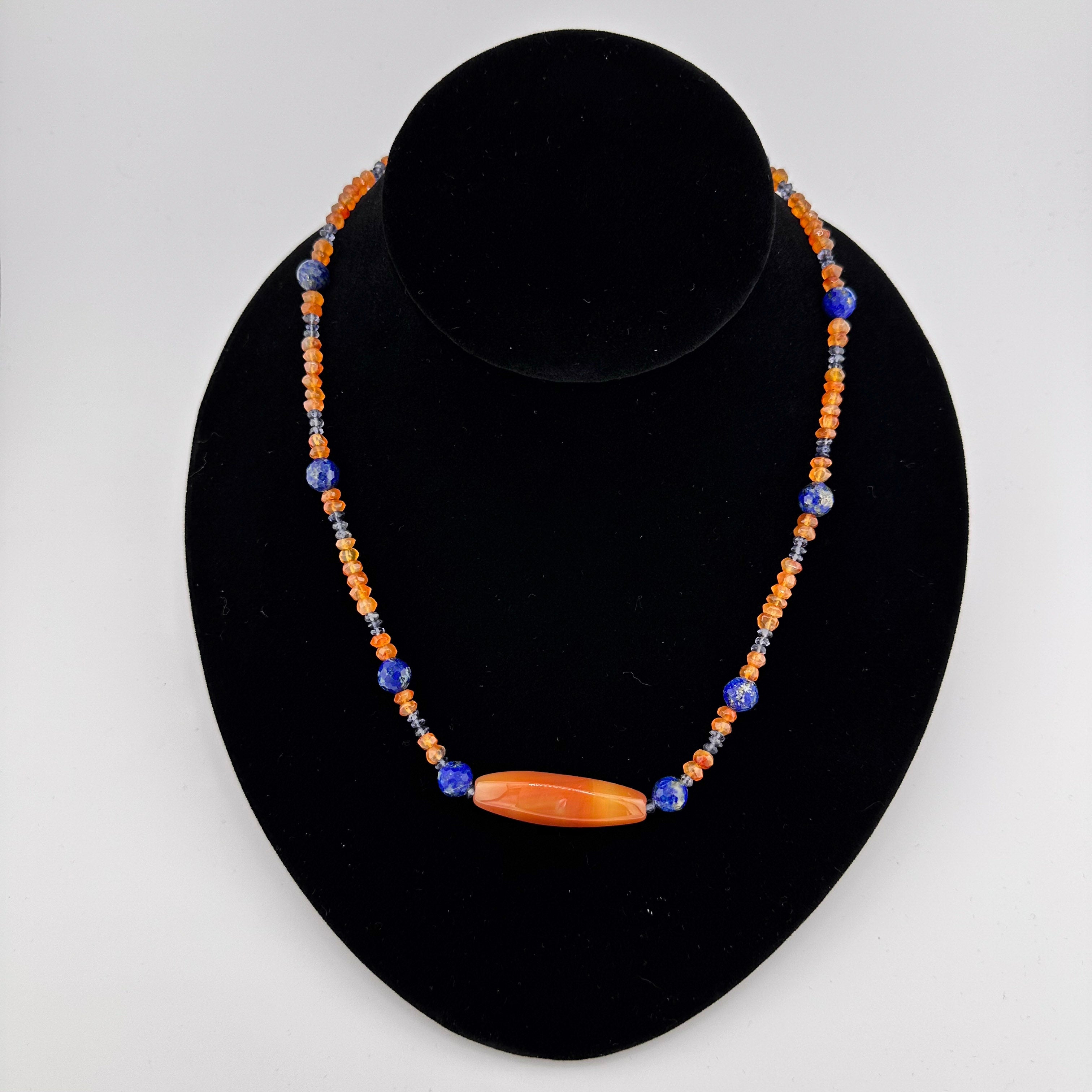 Citrine, Lapis, Sodalite, and Sterling Silver beaded necklace on black bust