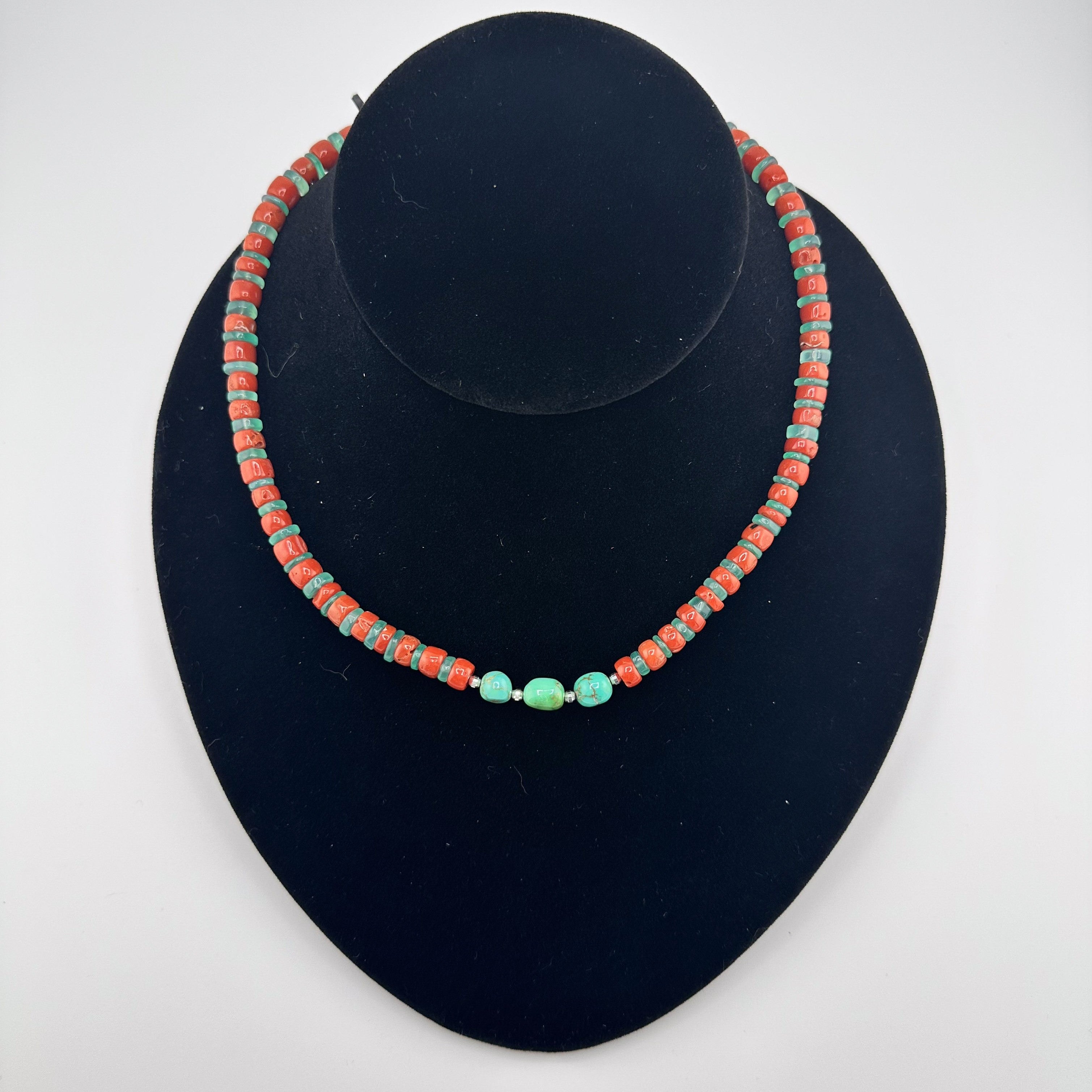 Coral, Chrysophrase, Turquoise (Lone Mountain), and Sterling Silver Necklace on black bust
