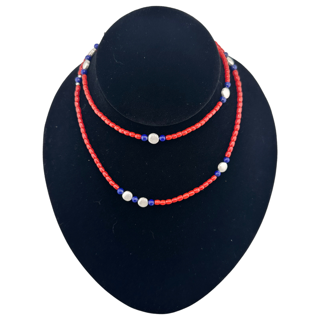 Coral, Lapis, and Sterling Silver Necklace on black bust