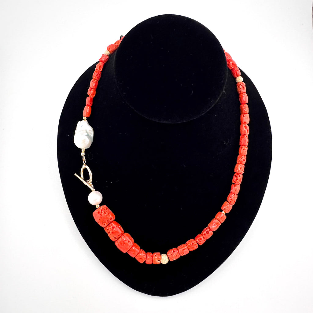 Coral, Pearl, and 14K Gold Vermeil Necklace on black bust