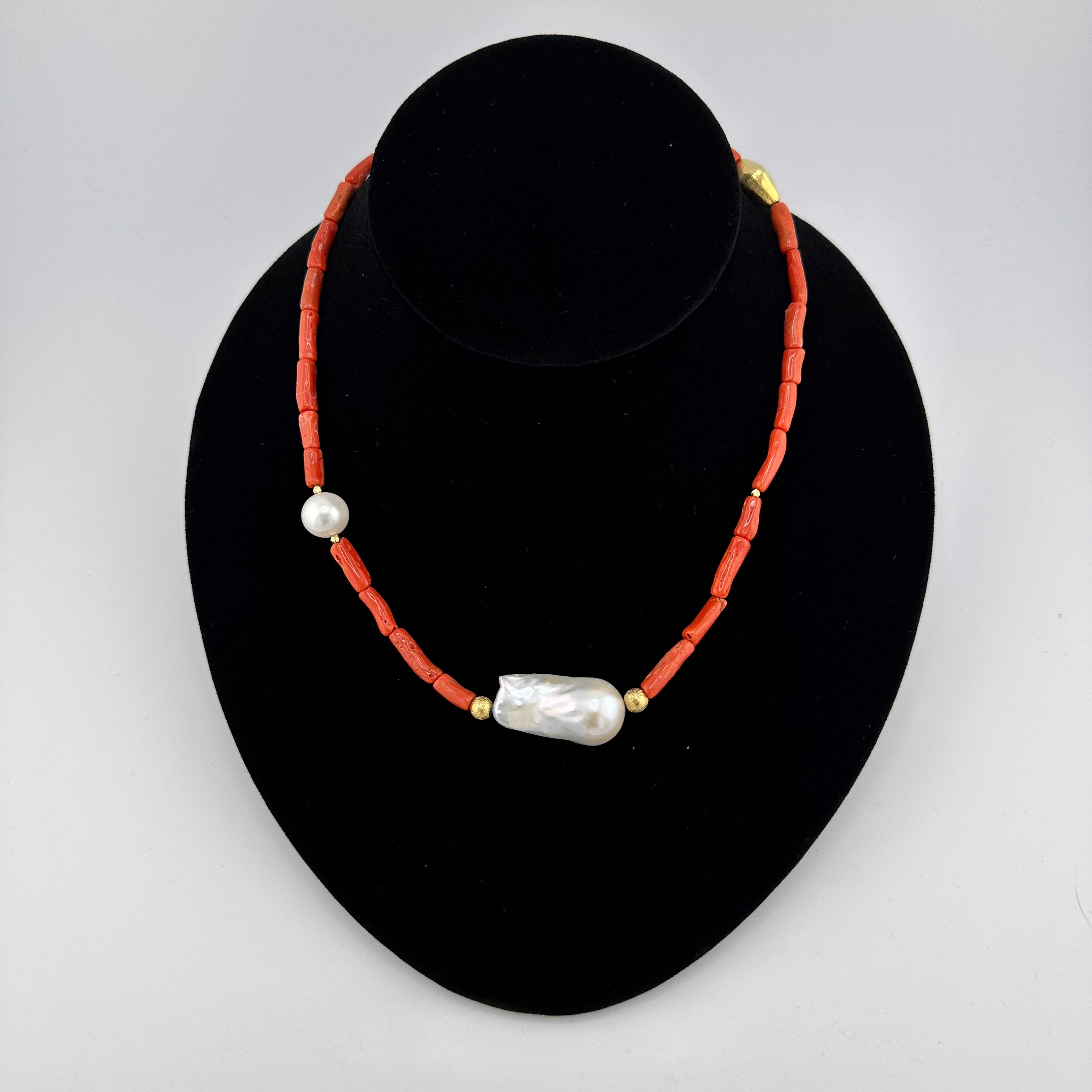 Coral, Pearl, and 22K Gold Vermeil Necklace on black bust