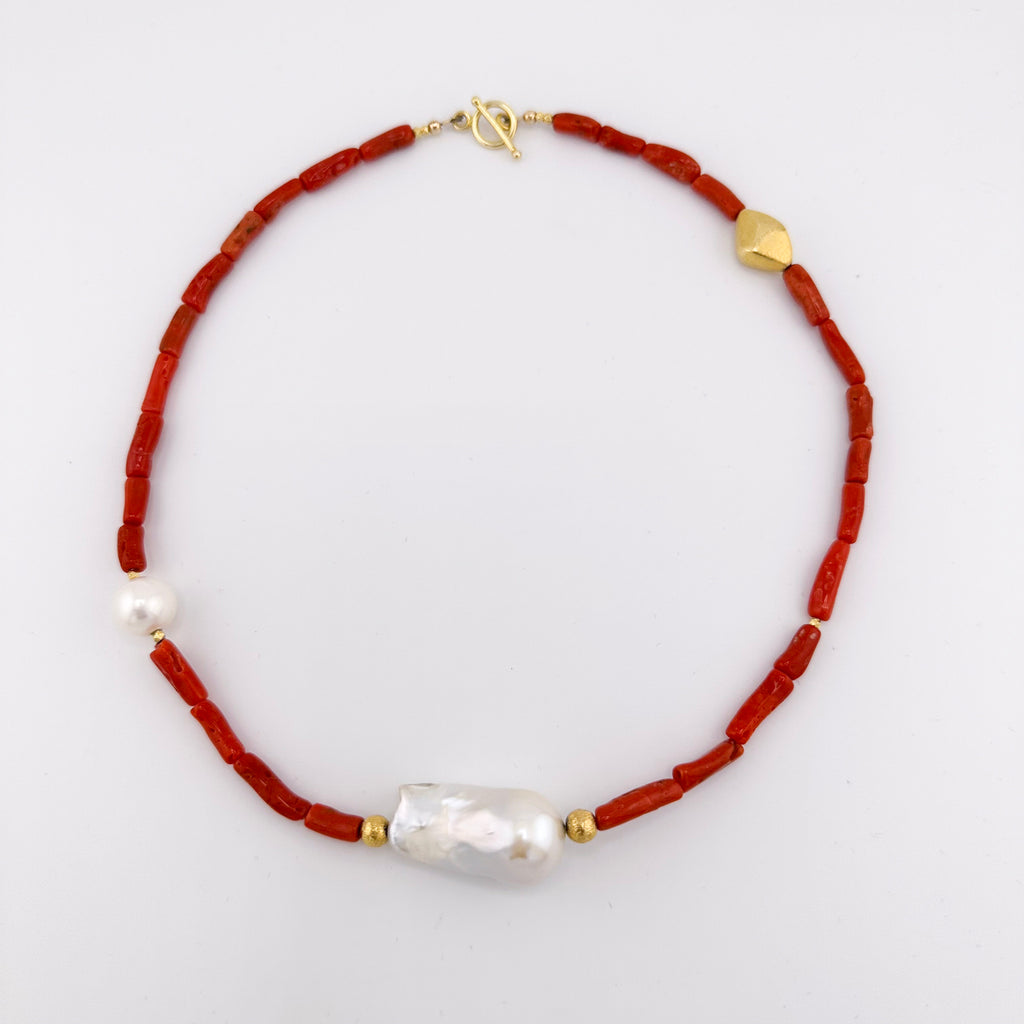 Coral, Pearl, and 22K Gold Vermeil Necklace flatlay on white background